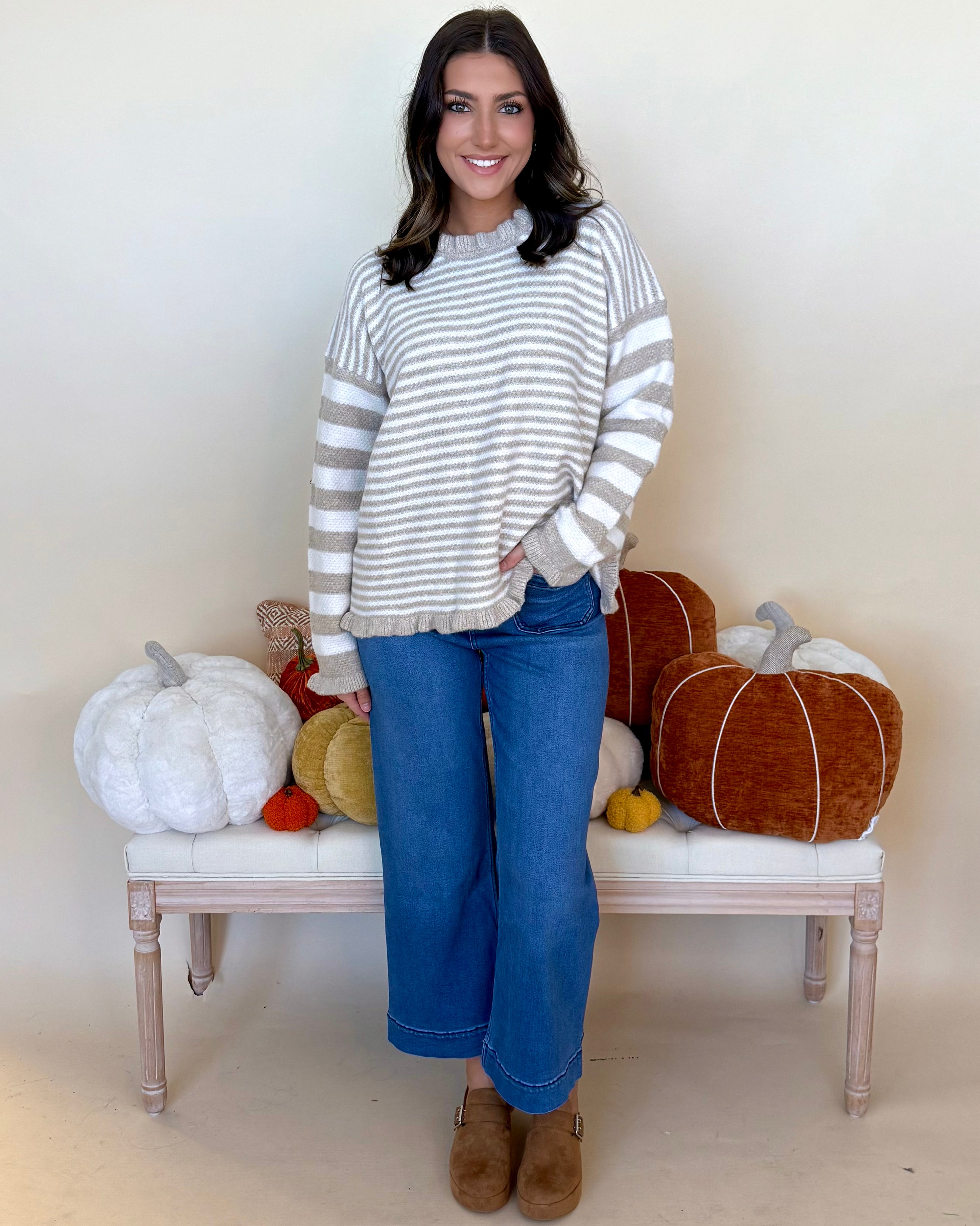 To Be Loved Taupe Ruffle Stripe Sweater-Shop-Womens-Boutique-Clothing