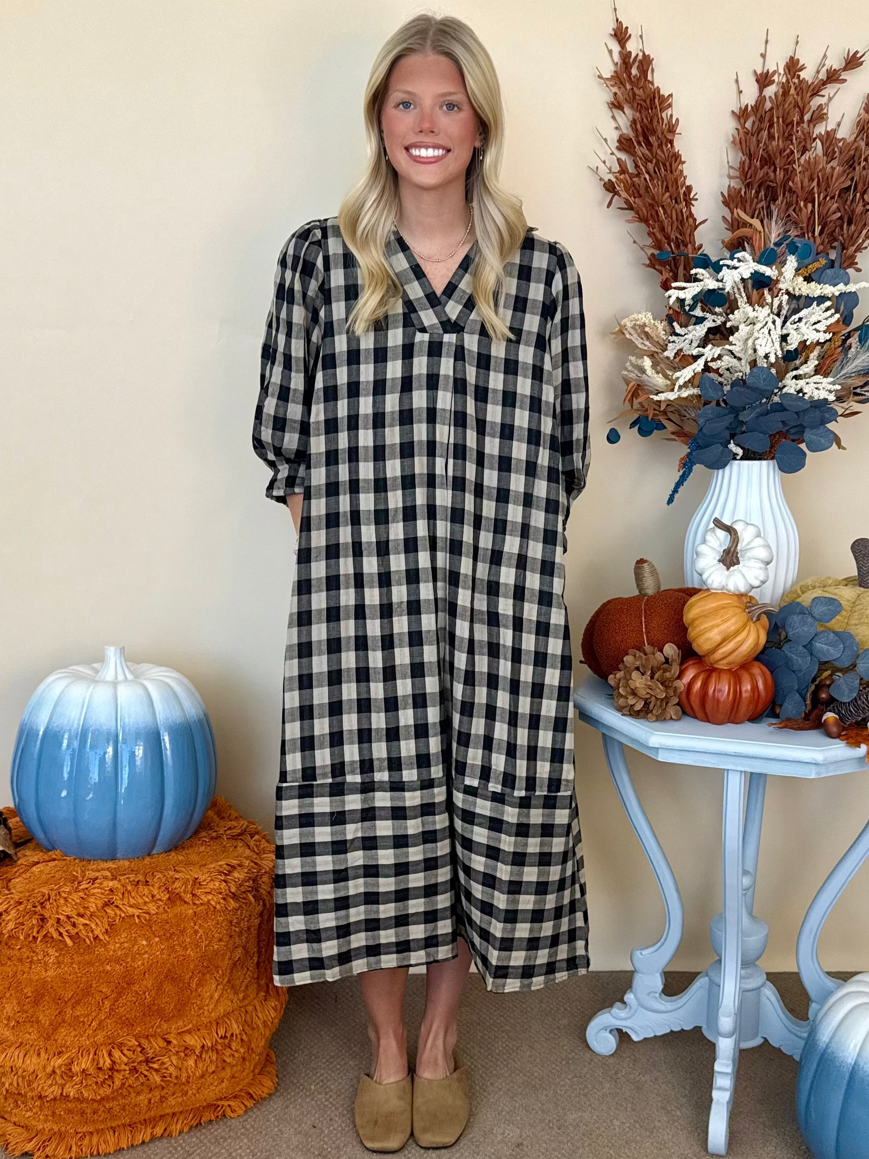 Bookclub Chic Black Checkered Collared Midi Dress