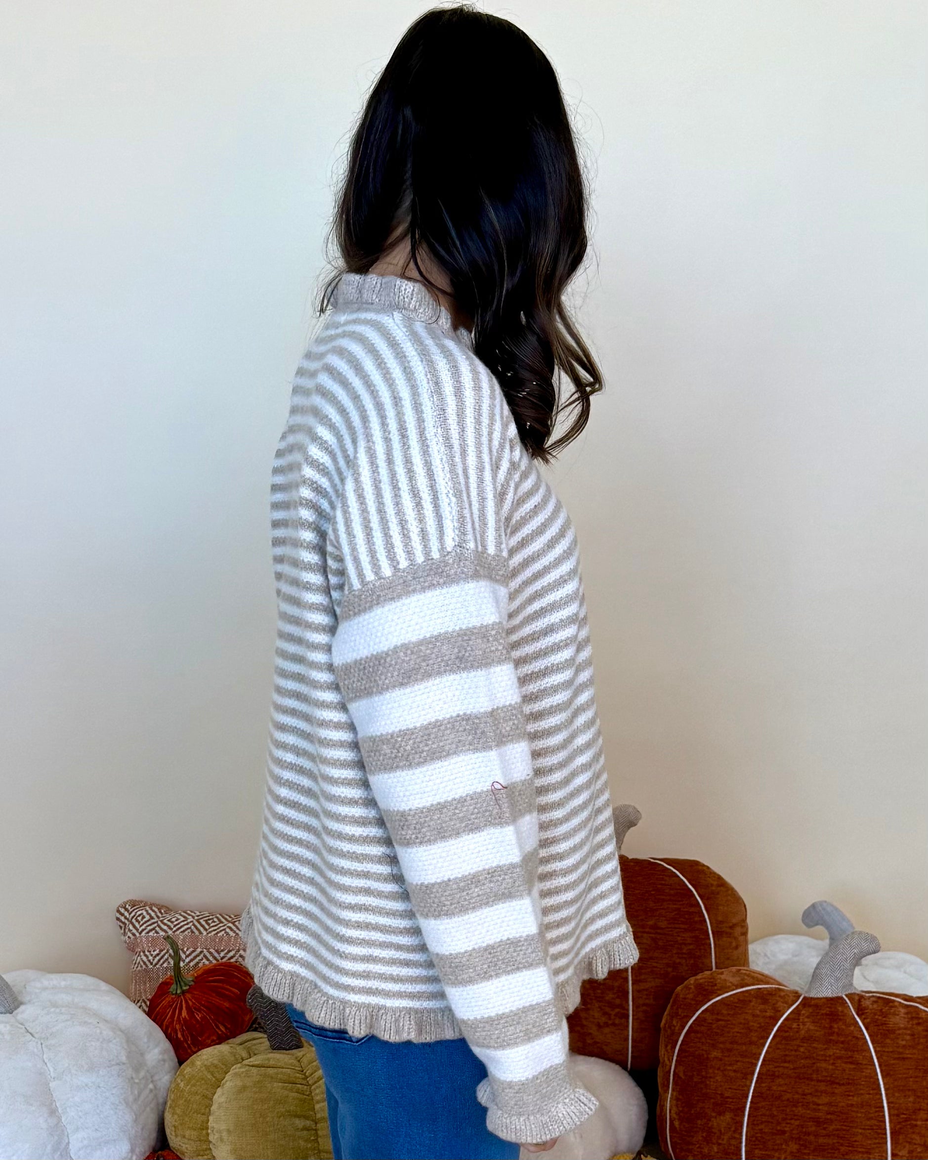 To Be Loved Taupe Ruffle Stripe Sweater-Shop-Womens-Boutique-Clothing
