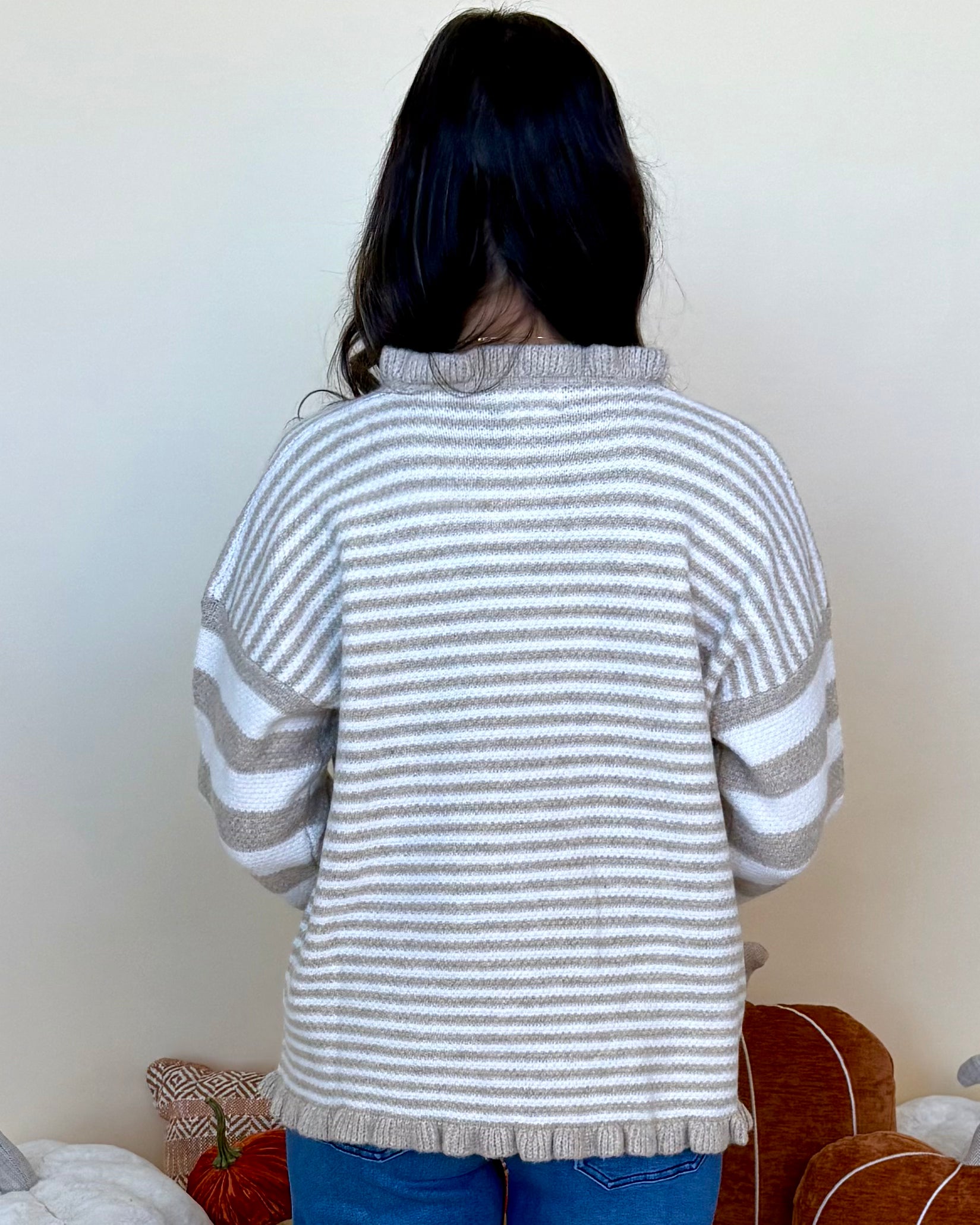 To Be Loved Taupe Ruffle Stripe Sweater-Shop-Womens-Boutique-Clothing