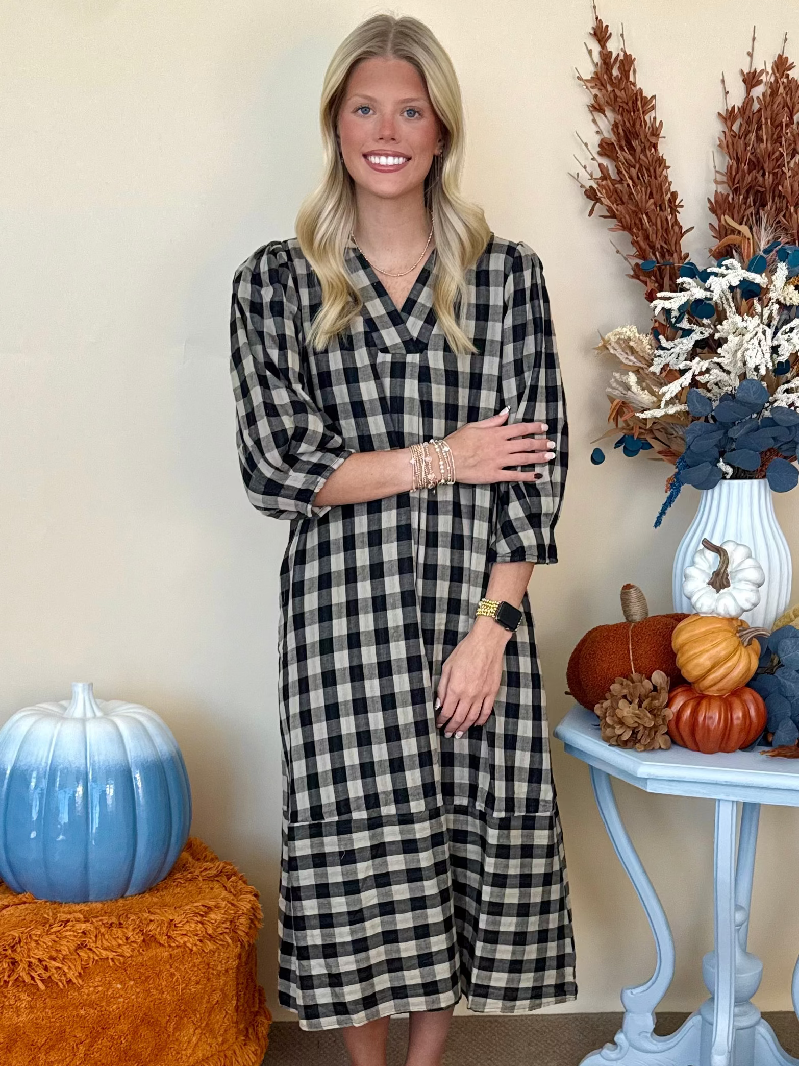Bookclub Chic Black Checkered Collared Midi Dress