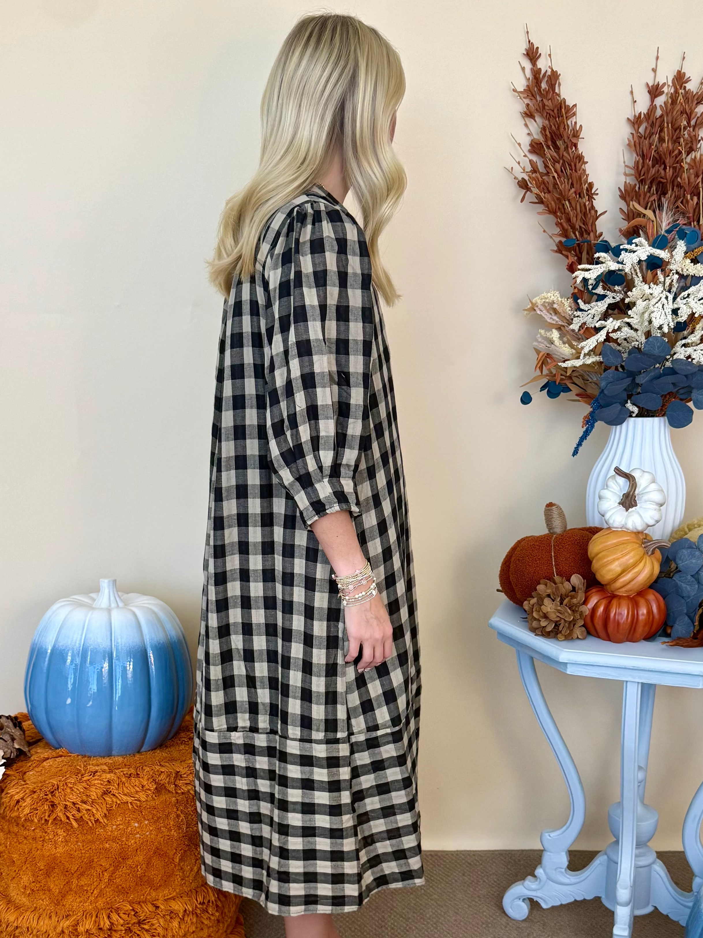 Bookclub Chic Black Checkered Collared Midi Dress