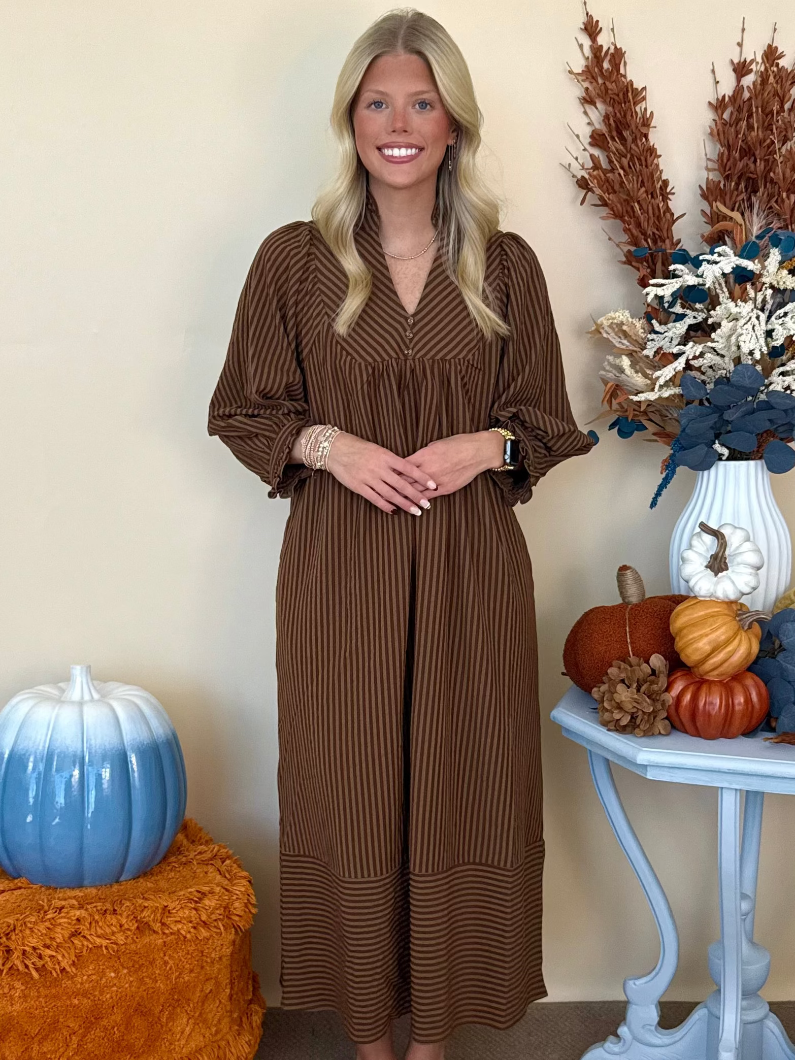 All the Difference Cappuccino Striped Seersucker Mandarin Collar Midi Dress