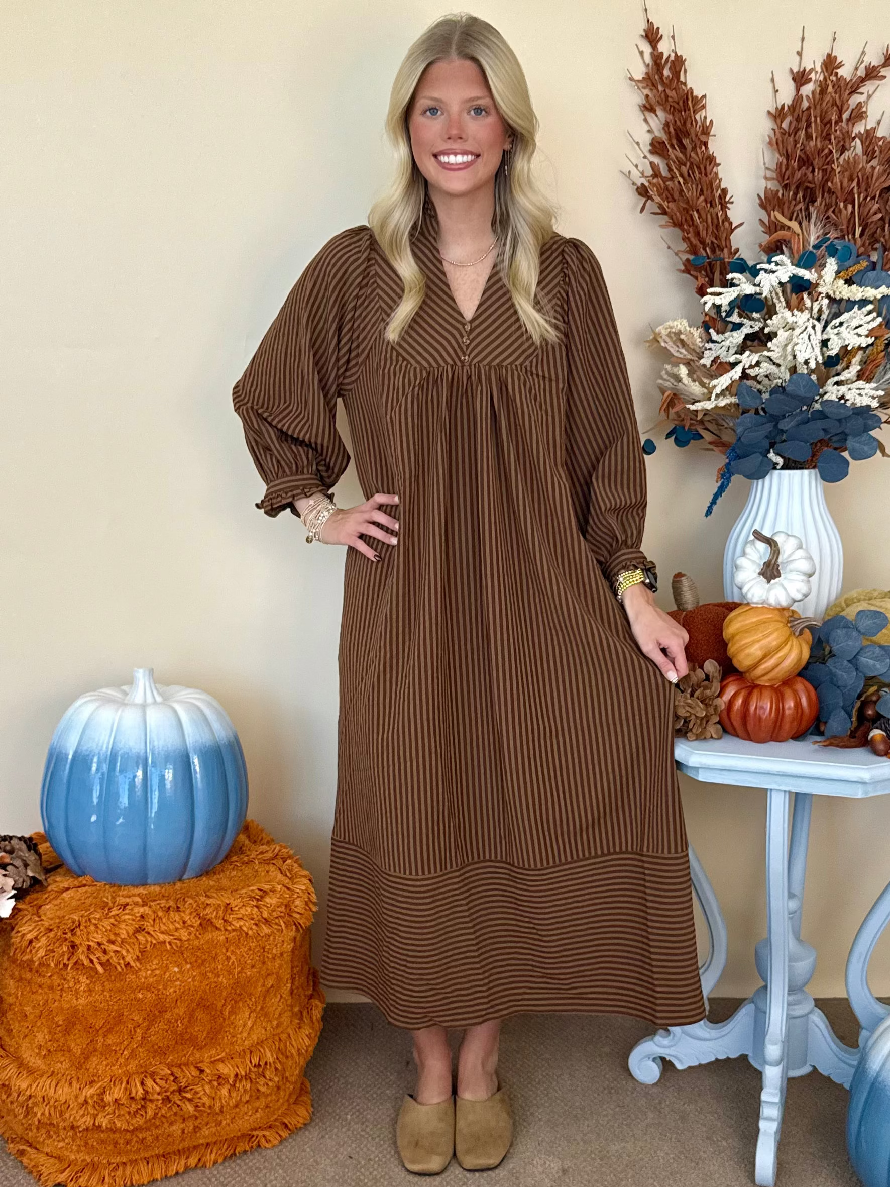 All the Difference Cappuccino Striped Seersucker Mandarin Collar Midi Dress