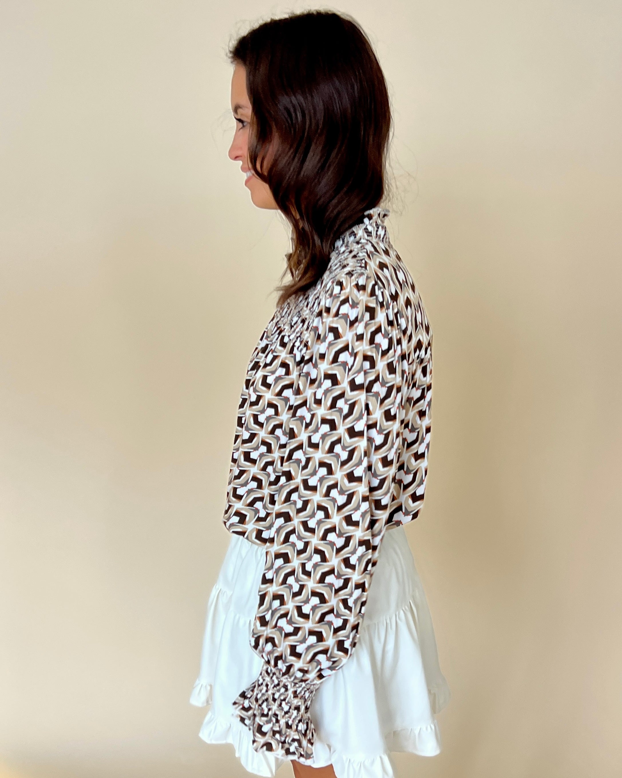 Stride Forward Mocha Printed Smocked Top-Shop-Womens-Boutique-Clothing