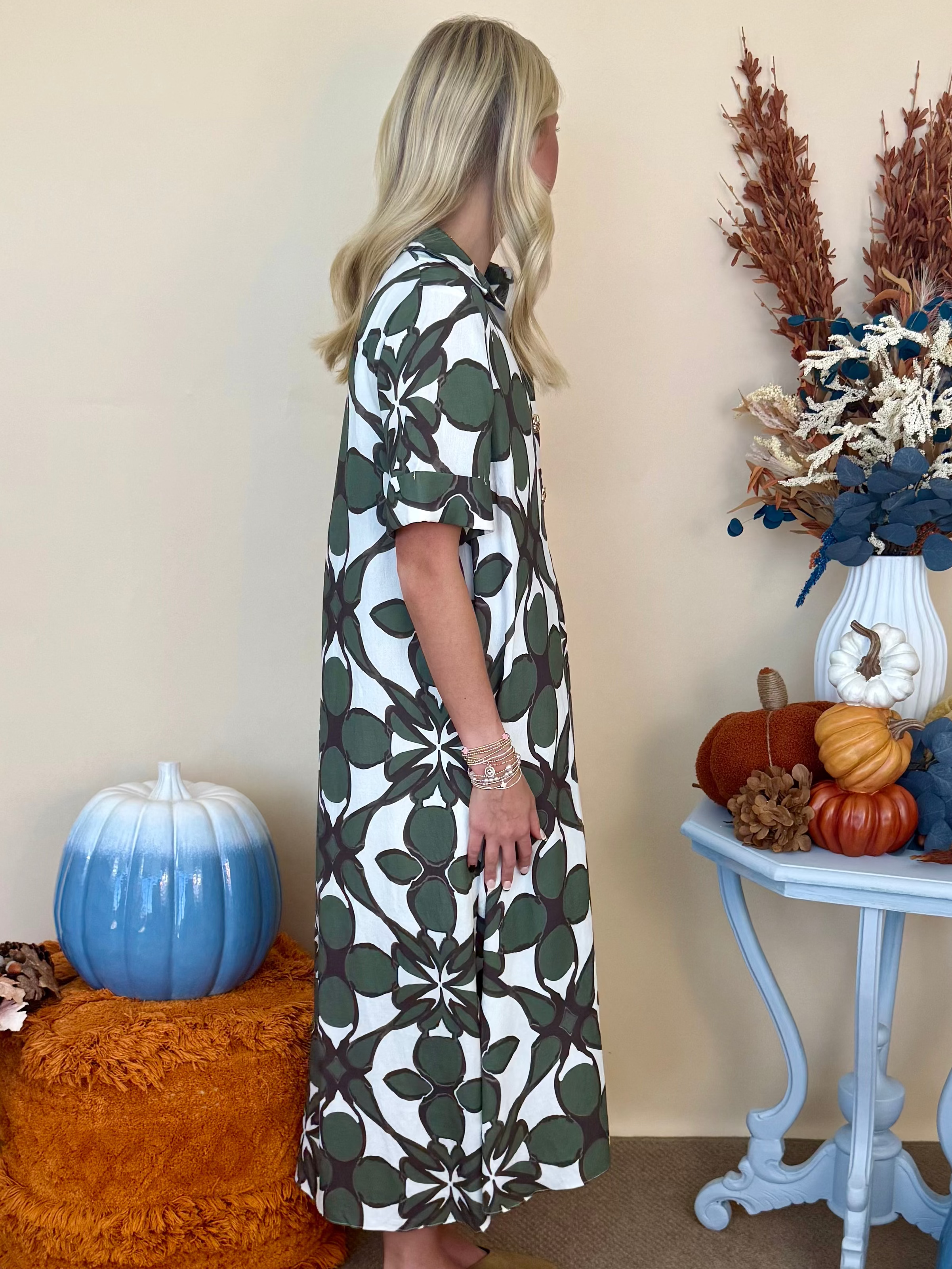 The Vineyard Affair Olive Print Midi Dress