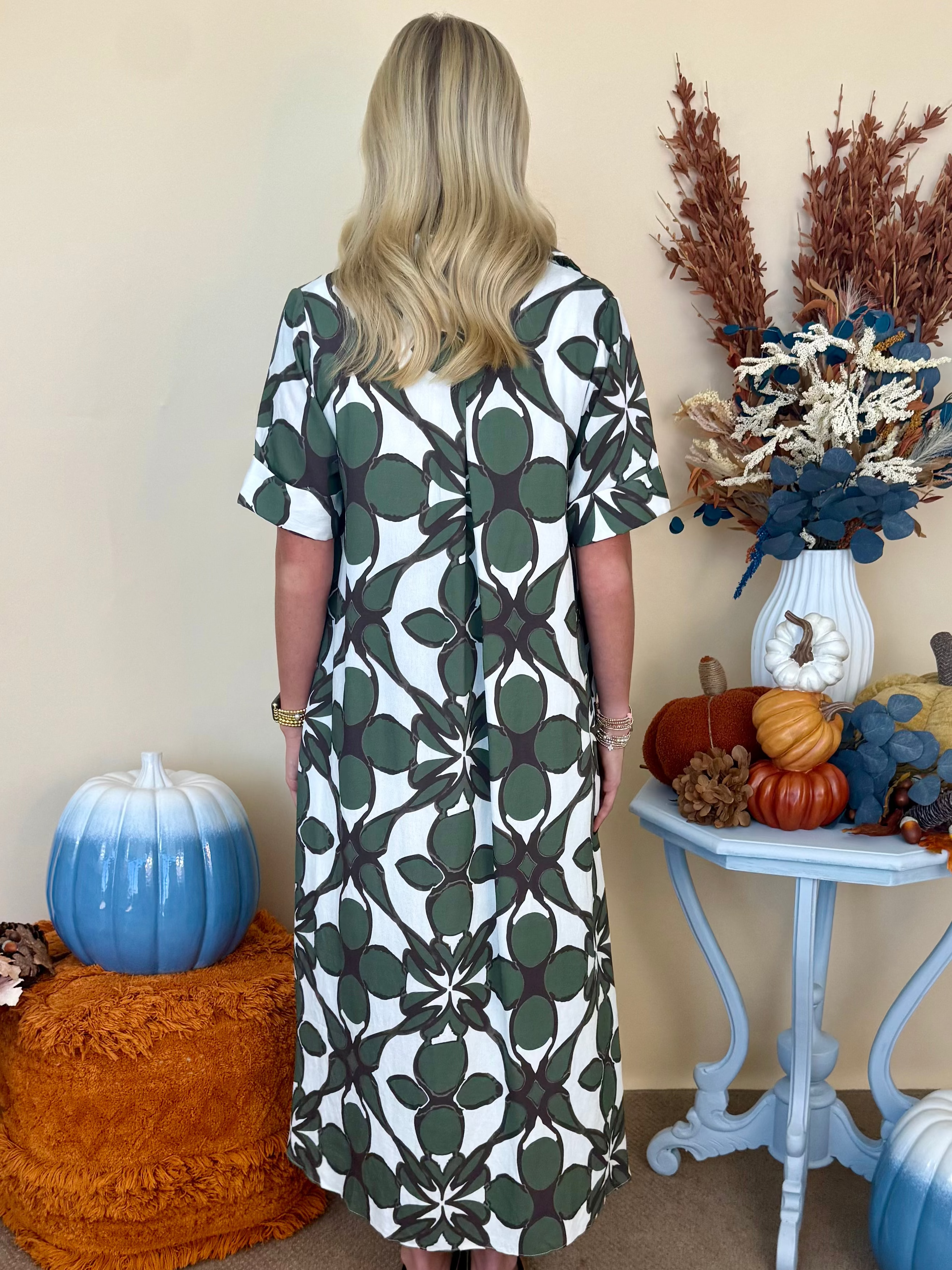 The Vineyard Affair Olive Print Midi Dress