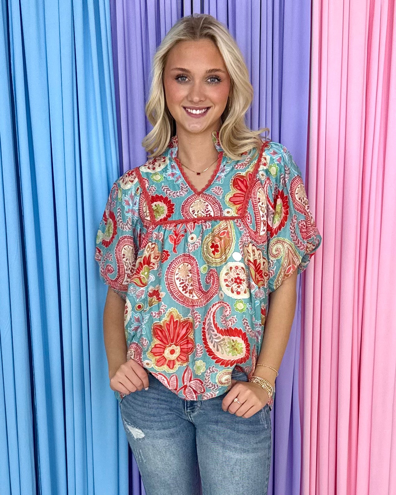 Perfect Love Lt. Blue Mix Paisley Print Top-Shop-Womens-Boutique-Clothing