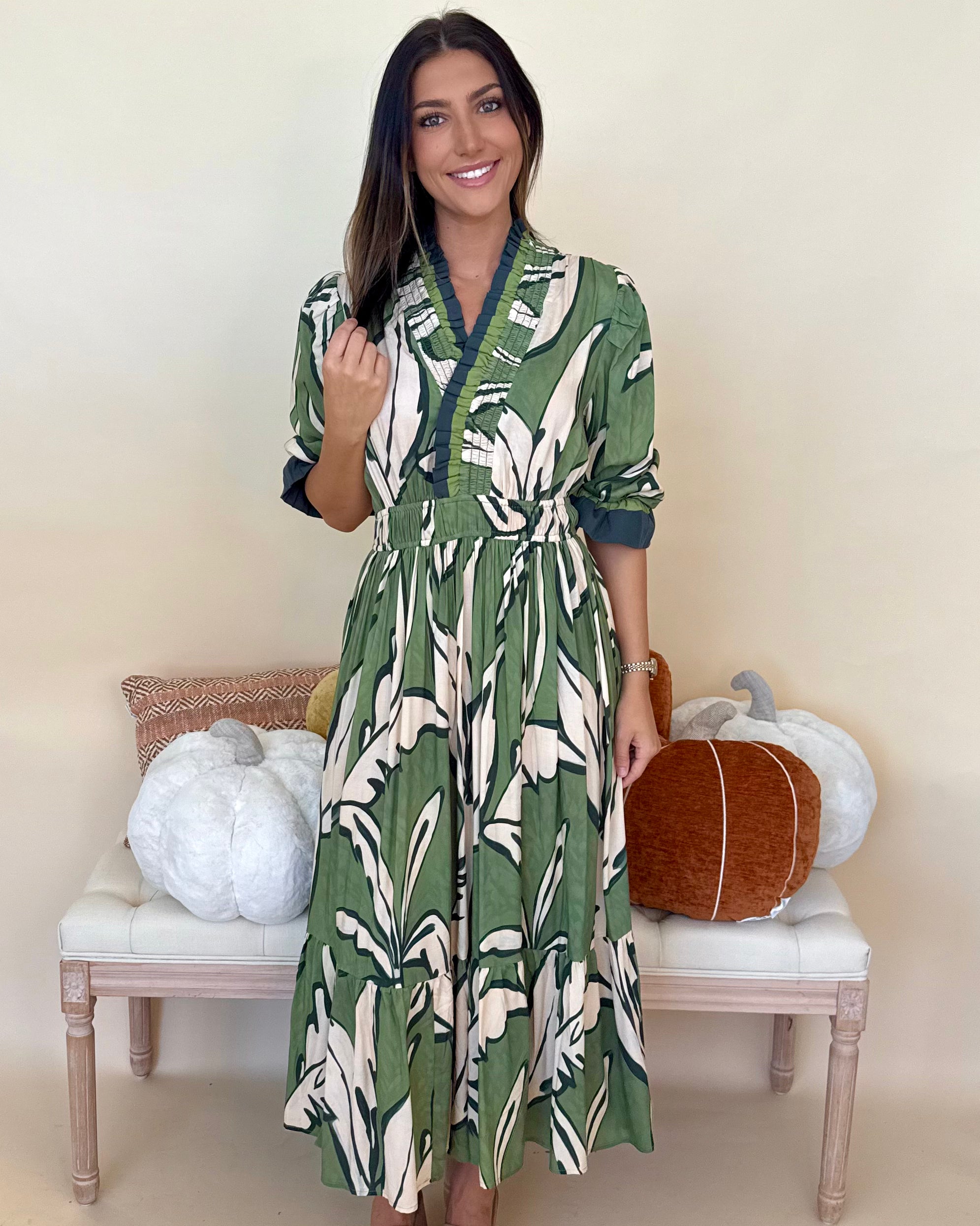 Good Start Sage Mix Leaf Ruffle Midi Dress-Shop-Womens-Boutique-Clothing