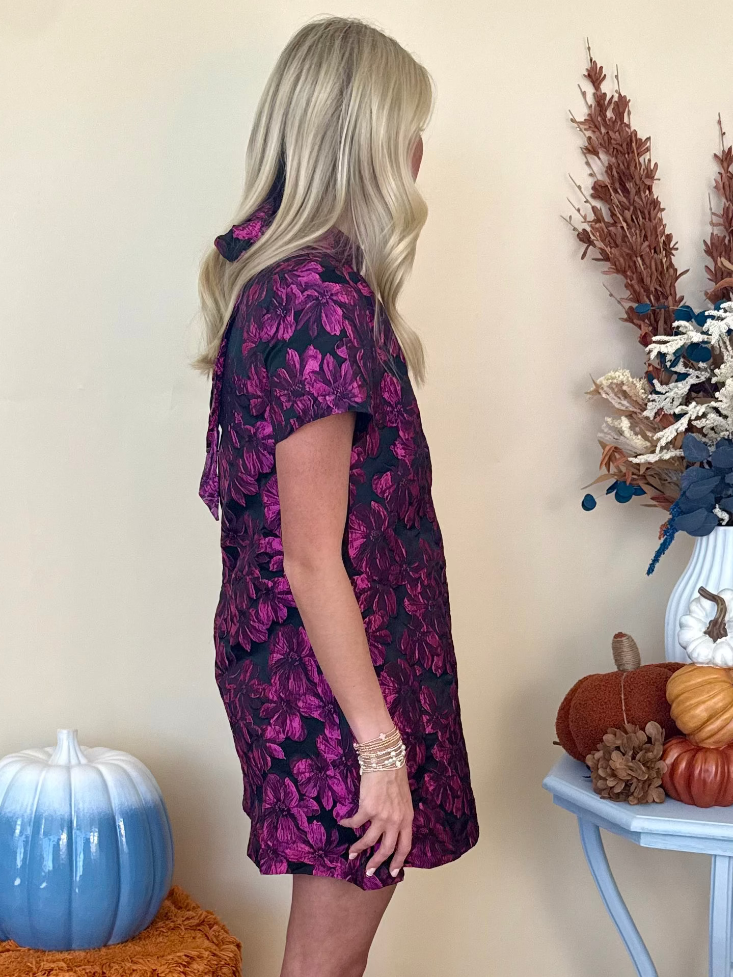 First Impression Pink/Black Jacquard Floral Back Bow Tie Dress