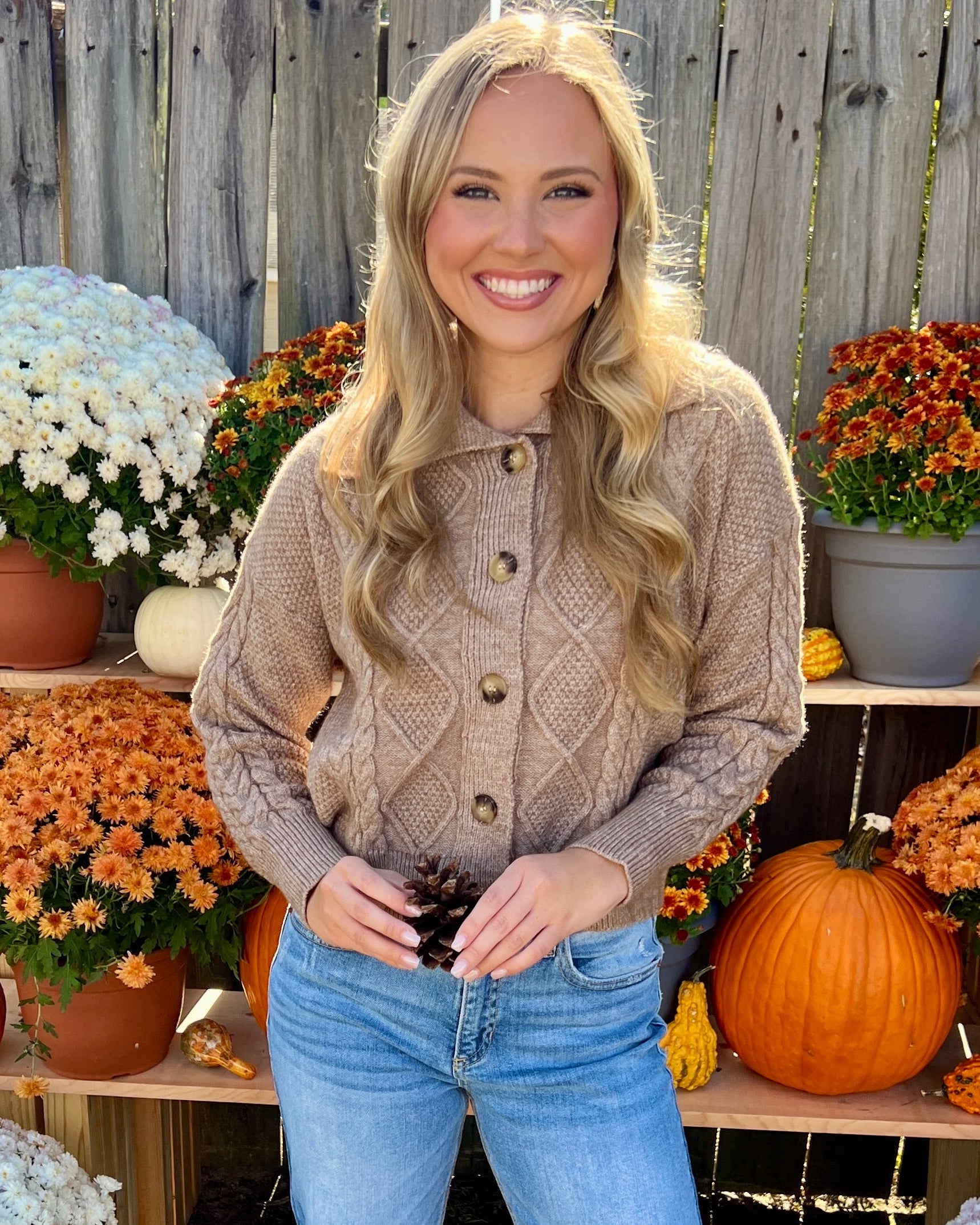 Stolen Glances Taupe Cable Knit Collared Cardigan-Shop-Womens-Boutique-Clothing