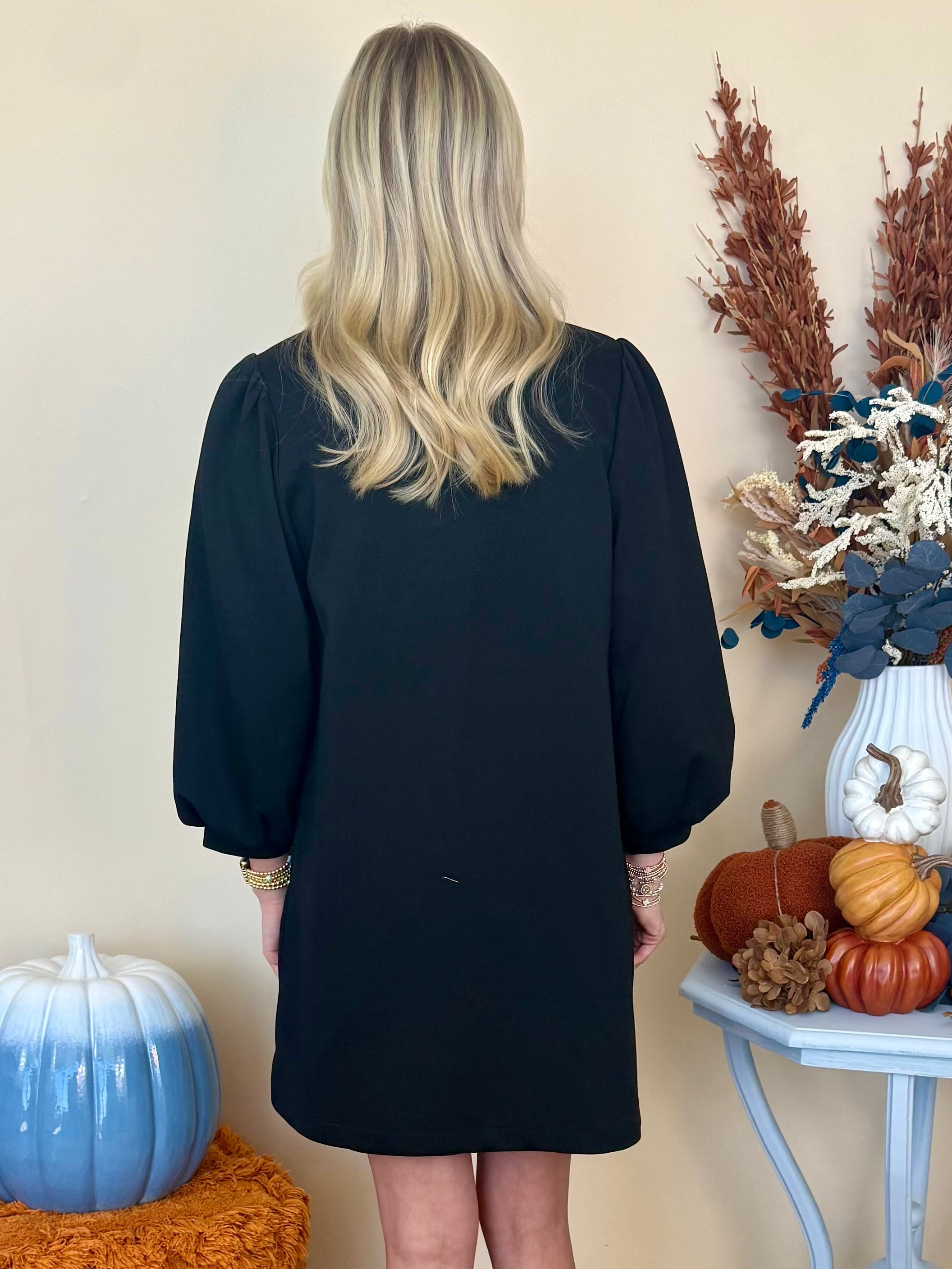 Candlelit Dinner Black Faux Leather Accent 3/4 Sleeve Dress