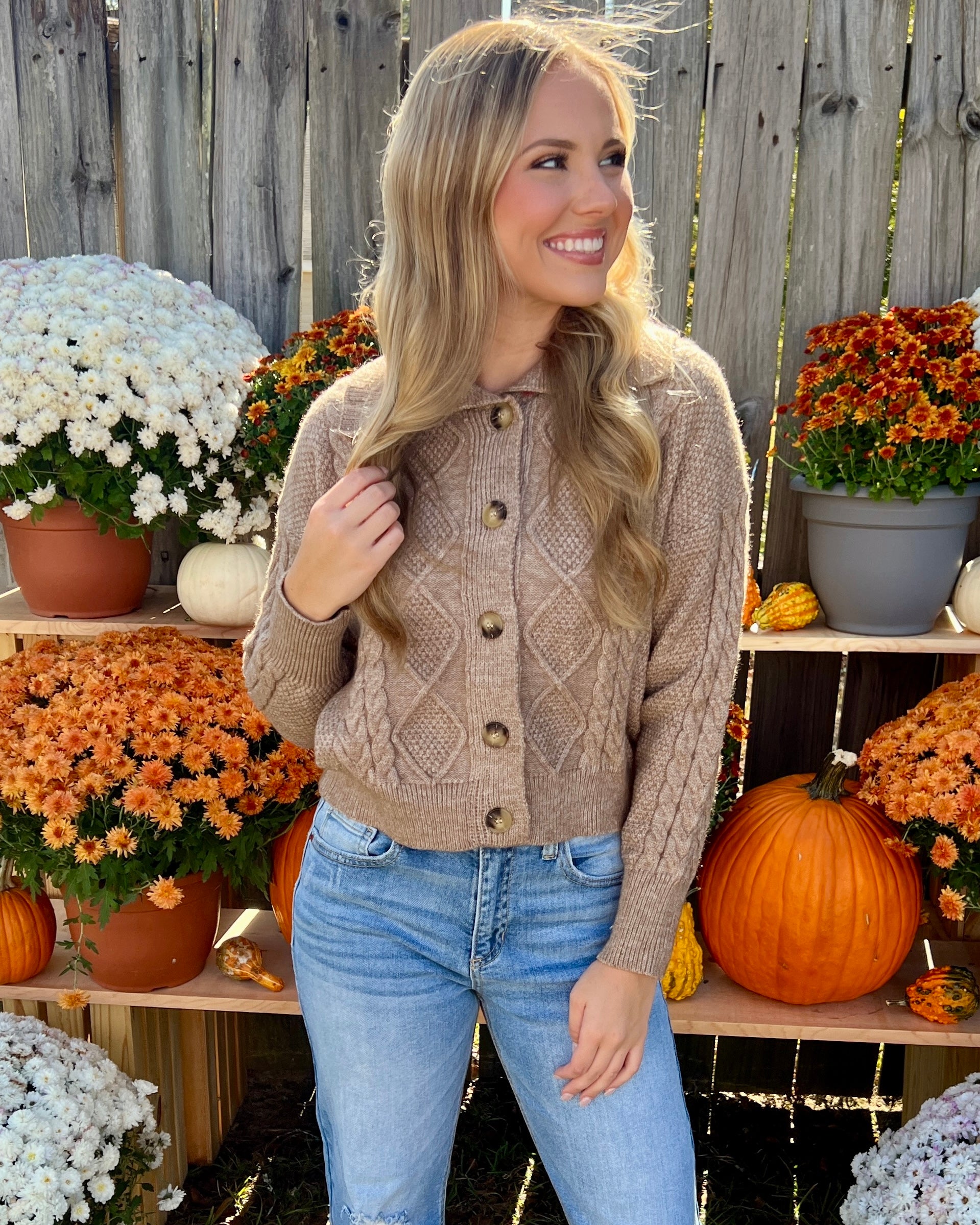 Stolen Glances Taupe Cable Knit Collared Cardigan-Shop-Womens-Boutique-Clothing