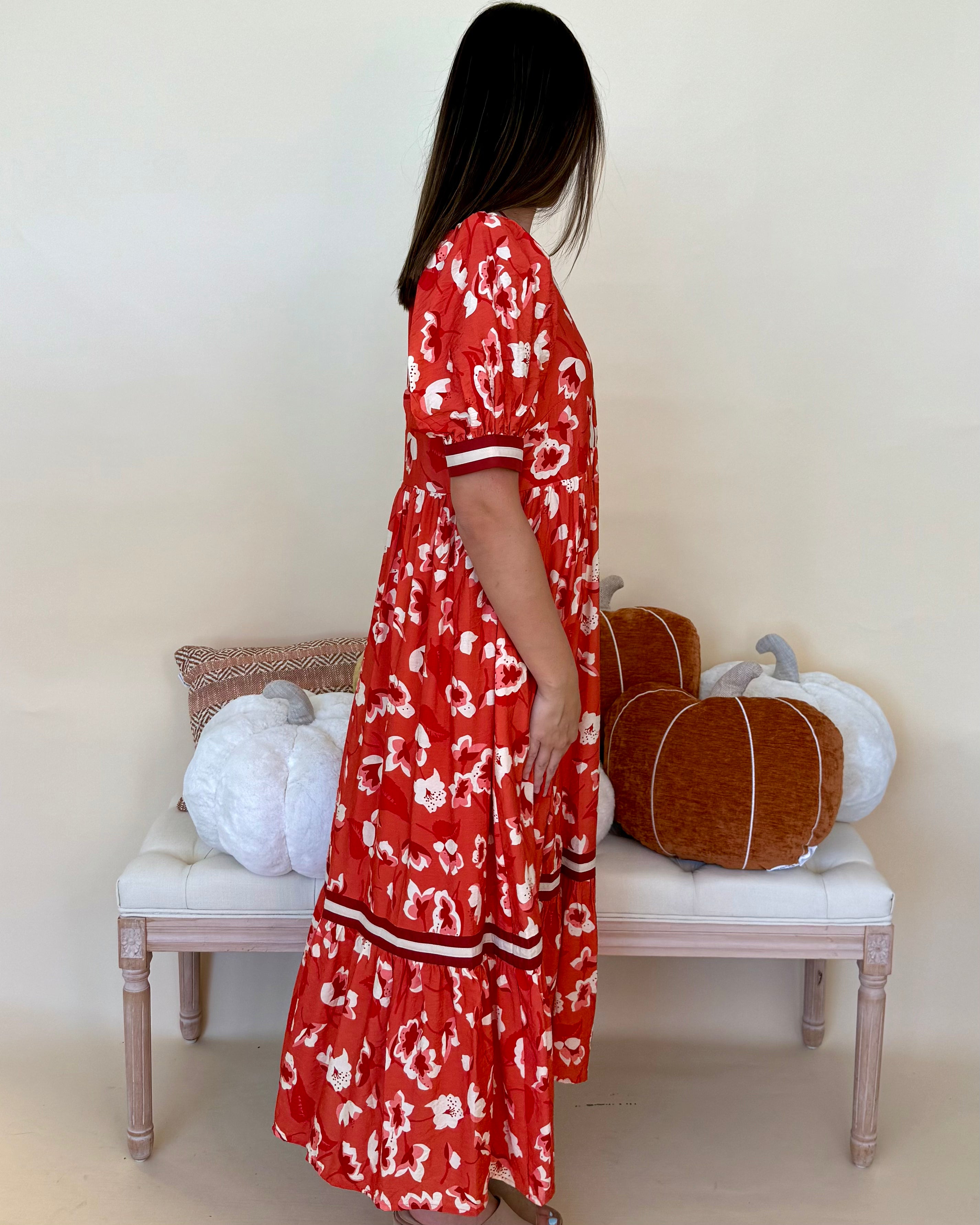 Flip The Script Rust Floral Tiered Midi Dress-Shop-Womens-Boutique-Clothing