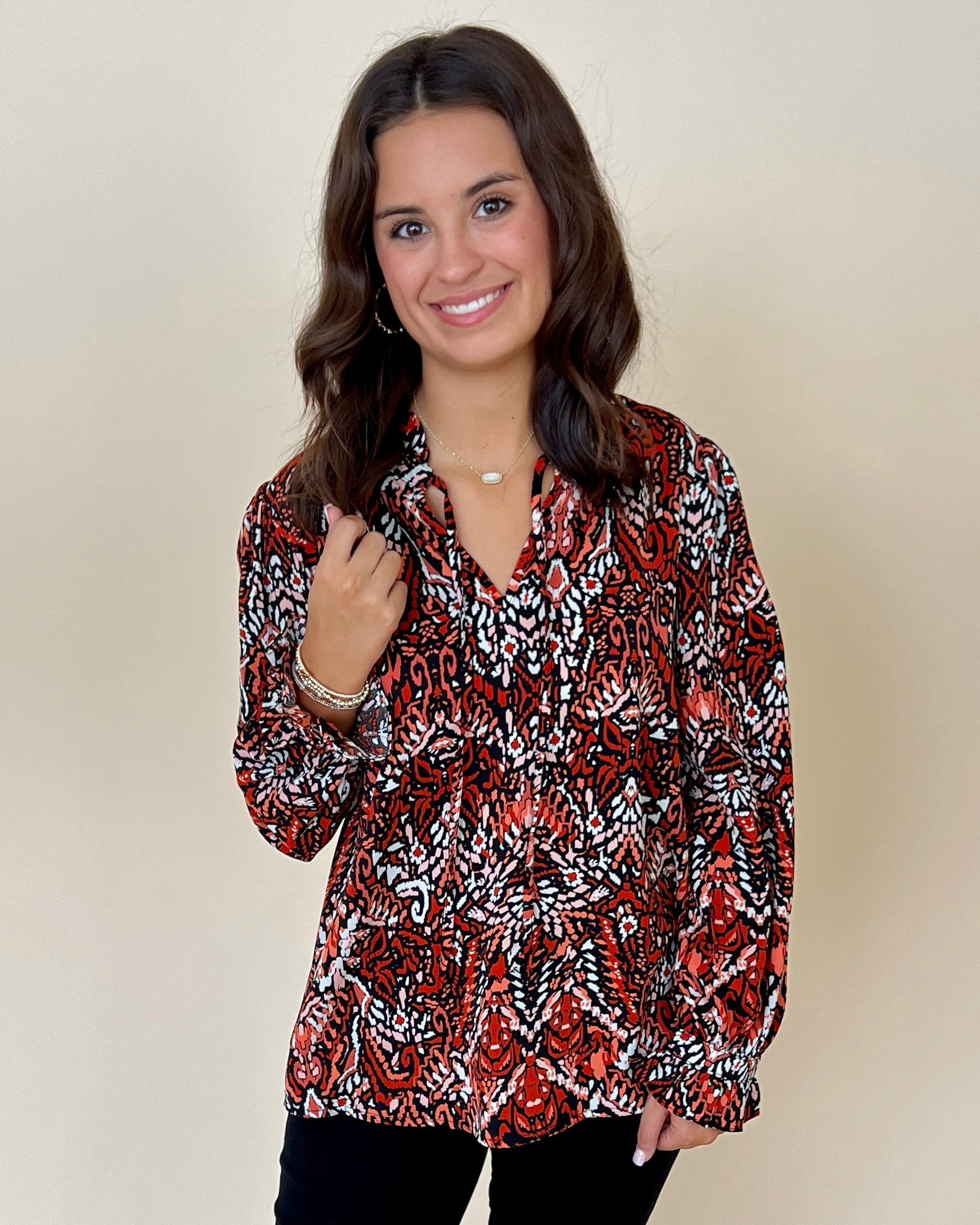 New Chapter Rust Printed Split Neck Top-Shop-Womens-Boutique-Clothing