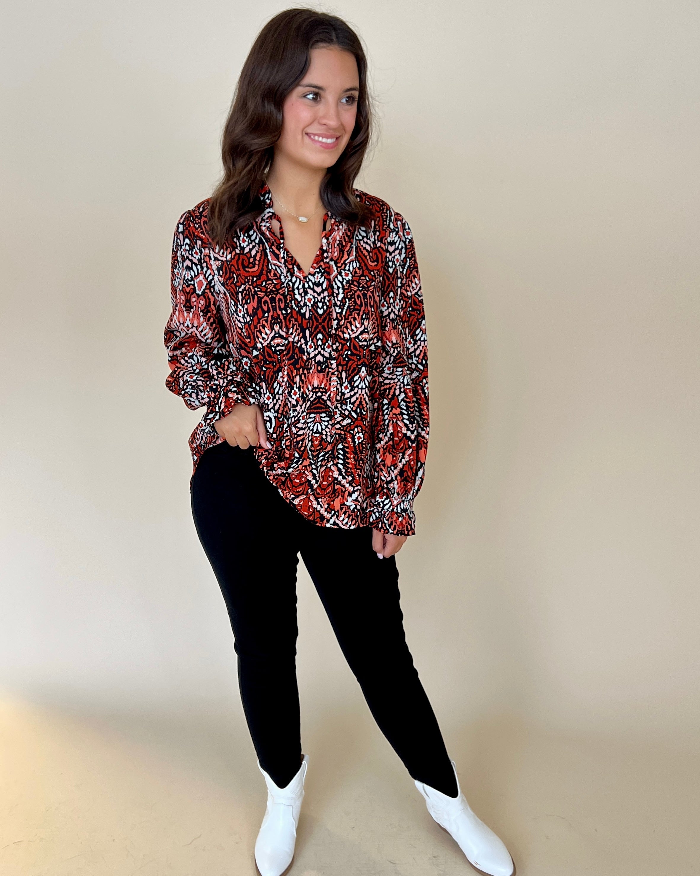 New Chapter Rust Printed Split Neck Top-Shop-Womens-Boutique-Clothing