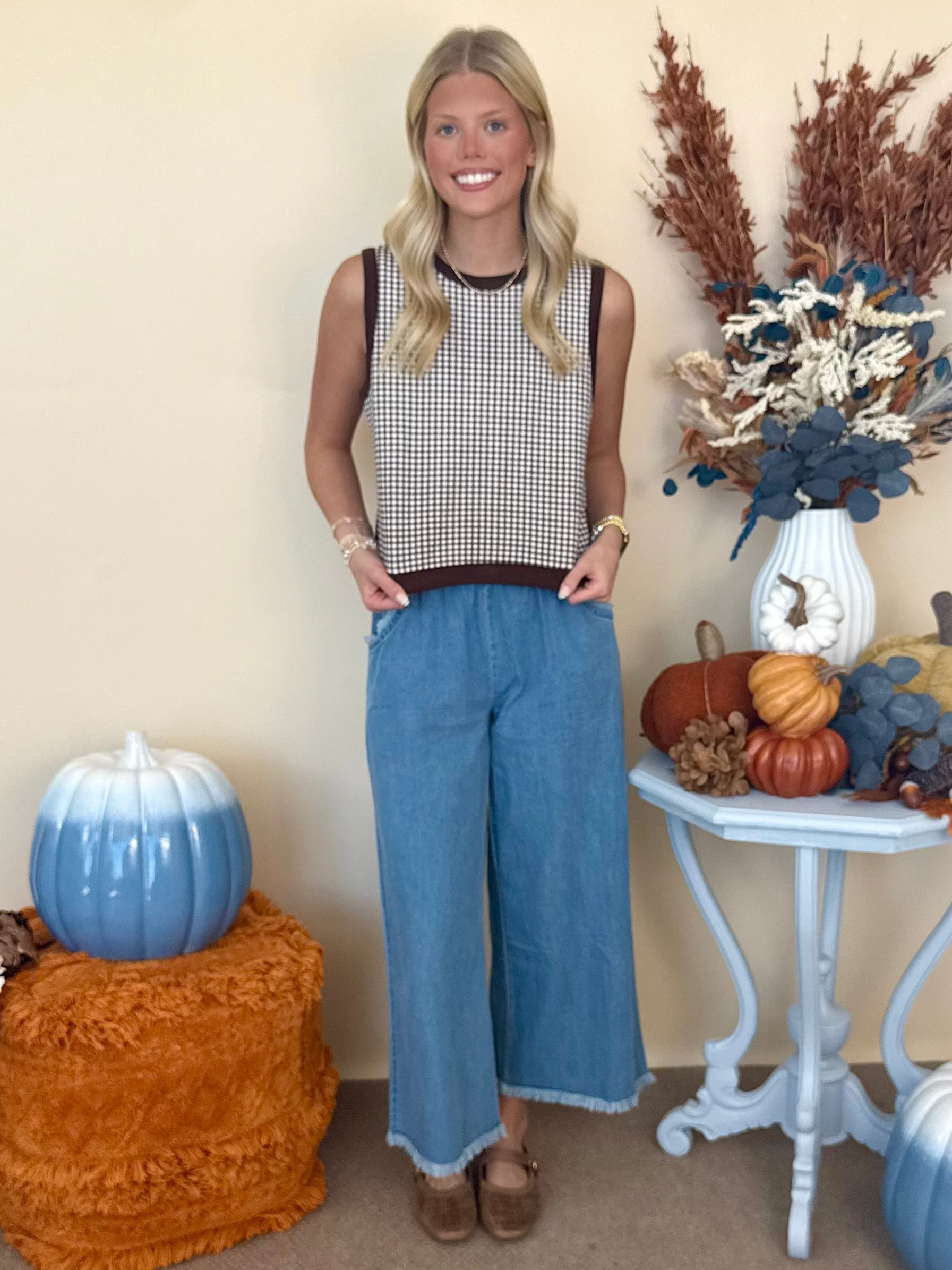 Wild & Free Brown Gingham Sleeveless Knit Top