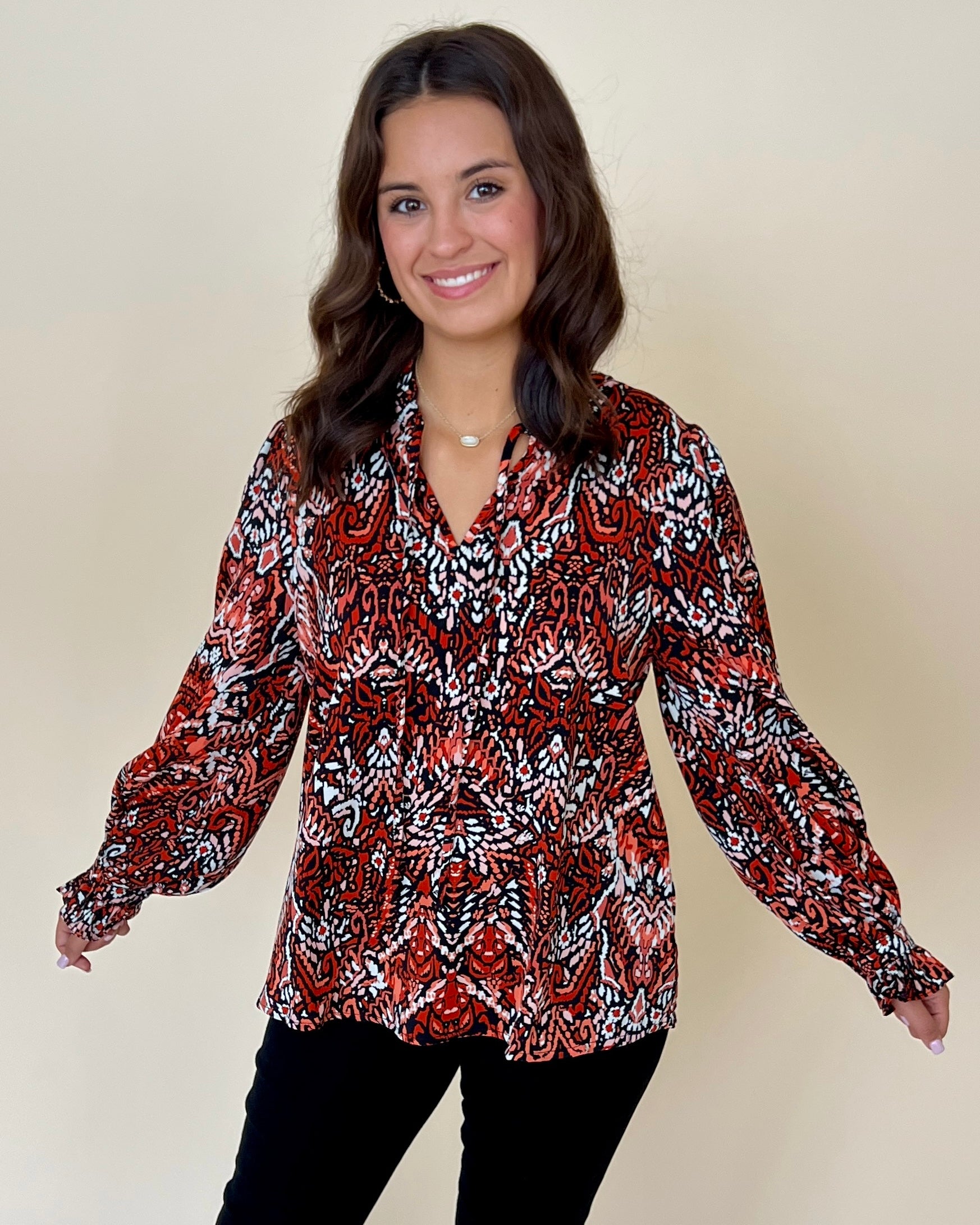 New Chapter Rust Printed Split Neck Top-Shop-Womens-Boutique-Clothing