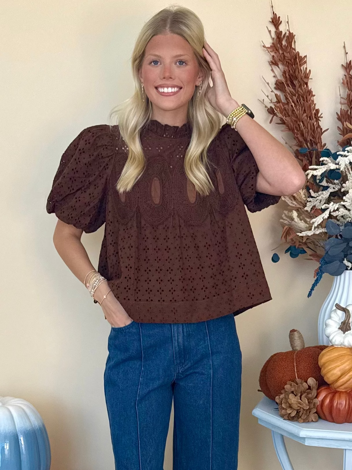 Wildly Yours Brown Eyelet Crochet Trim Top