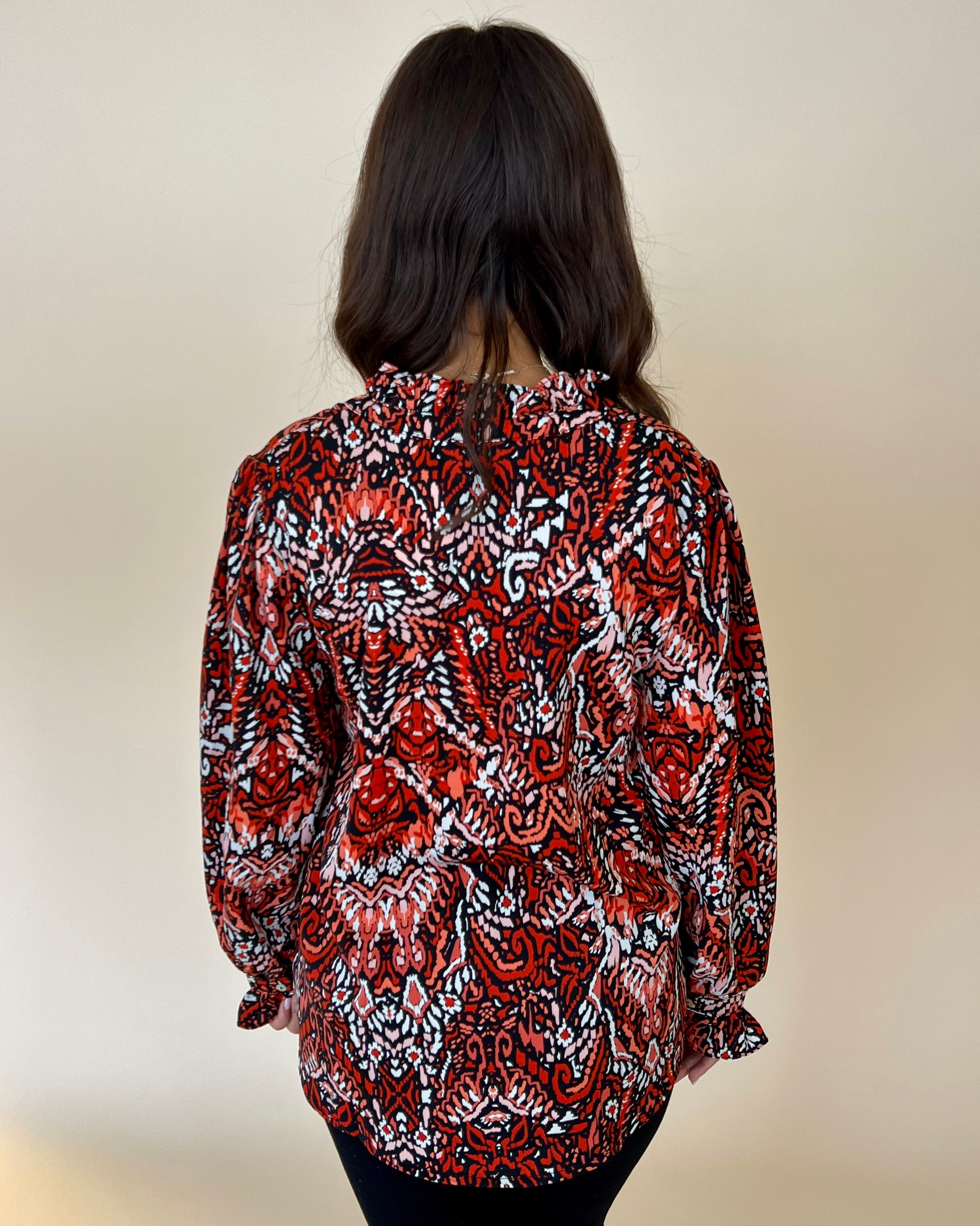 New Chapter Rust Printed Split Neck Top-Shop-Womens-Boutique-Clothing