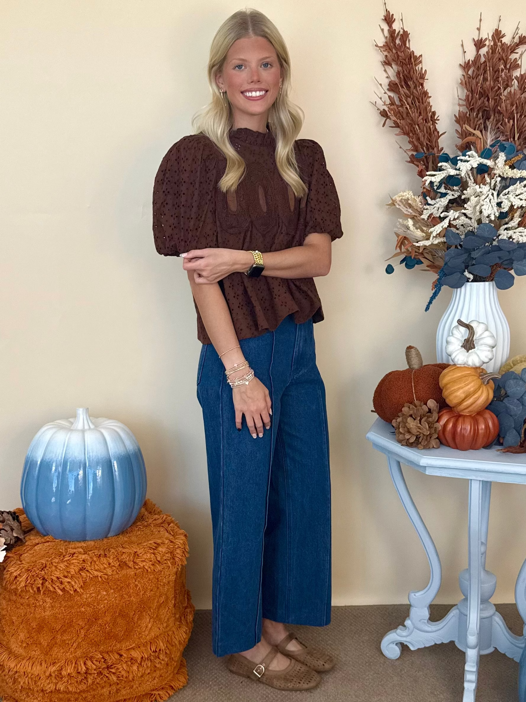 Wildly Yours Brown Eyelet Crochet Trim Top