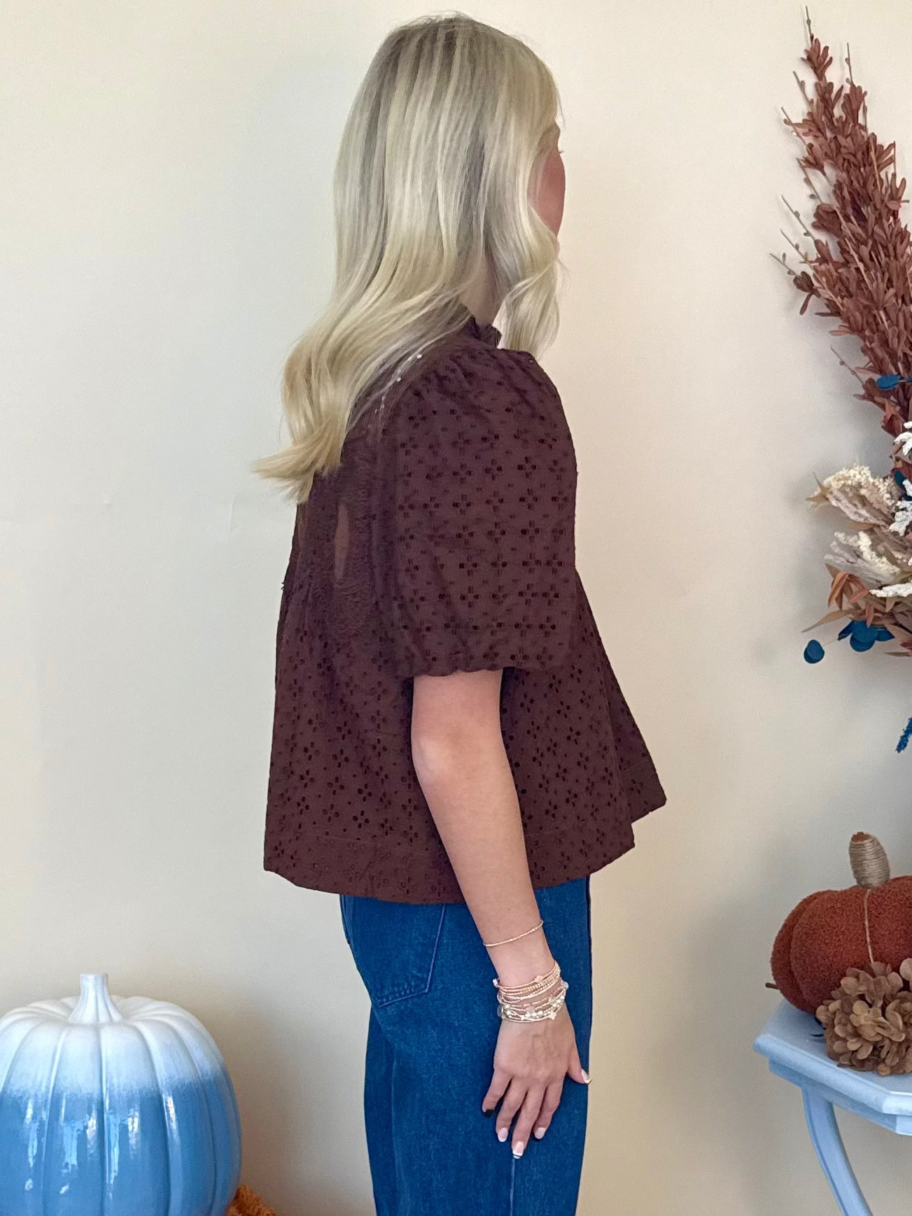 Wildly Yours Brown Eyelet Crochet Trim Top