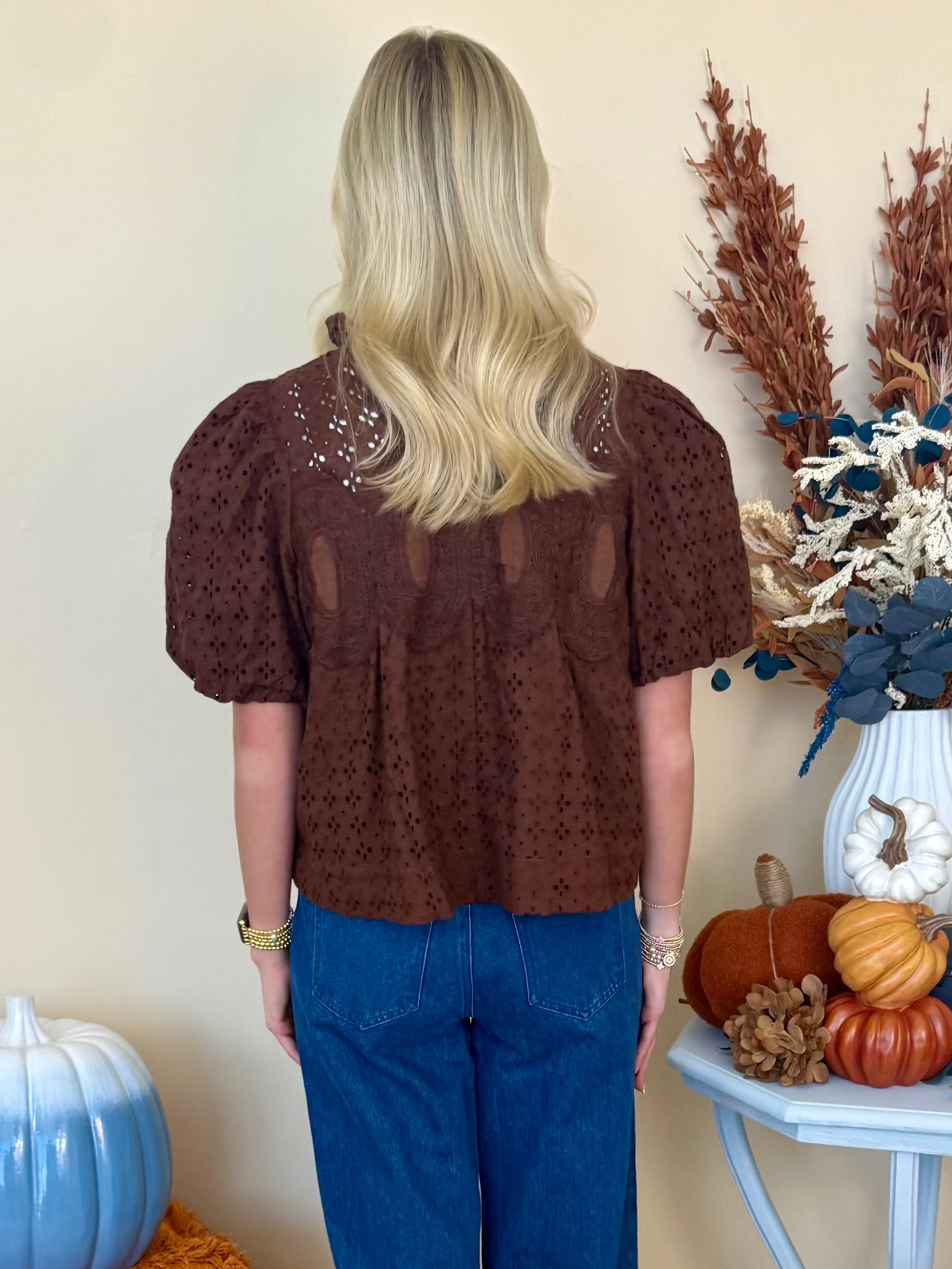 Wildly Yours Brown Eyelet Crochet Trim Top