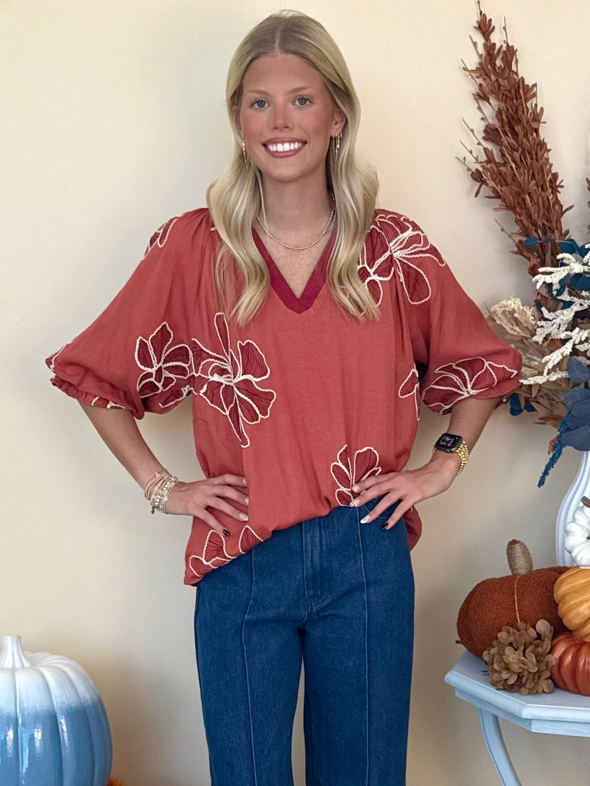 Beautiful Blooms Rose Embroidered Contrast Detail Top