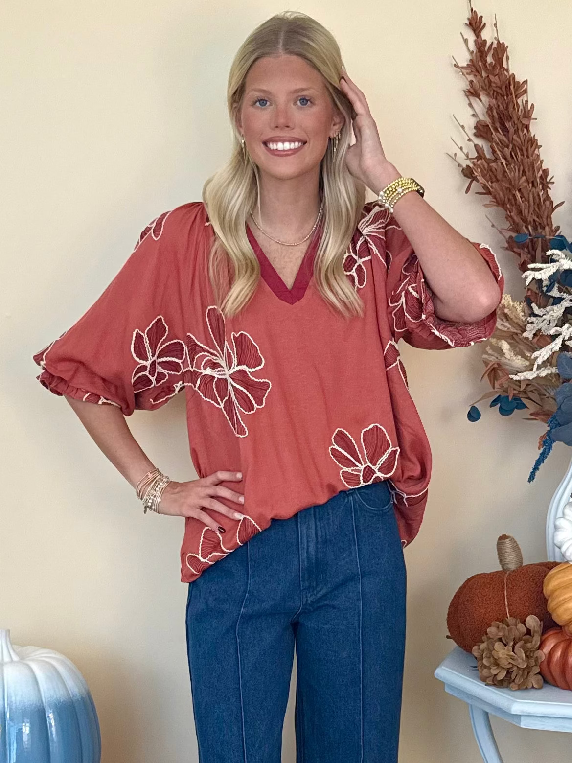Beautiful Blooms Rose Embroidered Contrast Detail Top