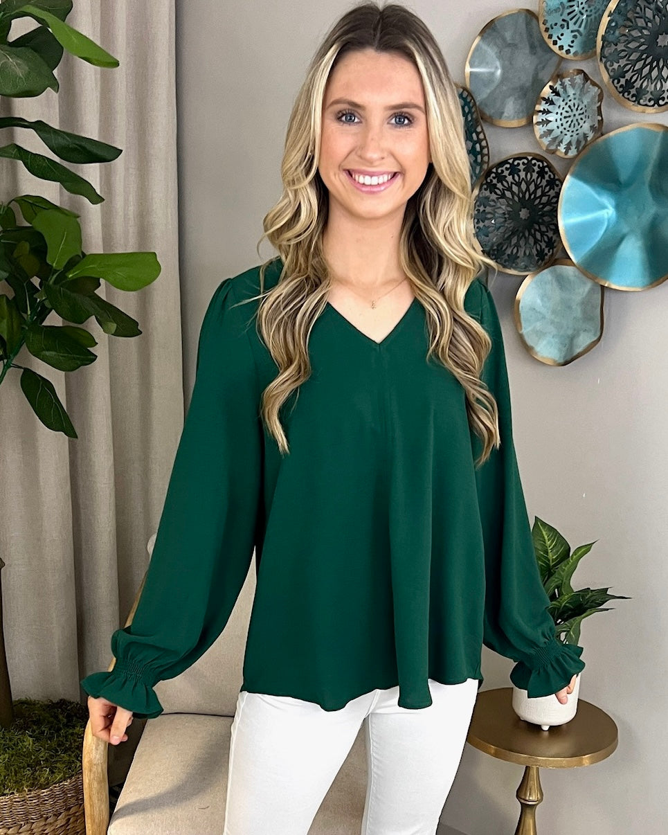 Autumn Charm Hunter Green V-neck Top-Shop-Womens-Boutique-Clothing