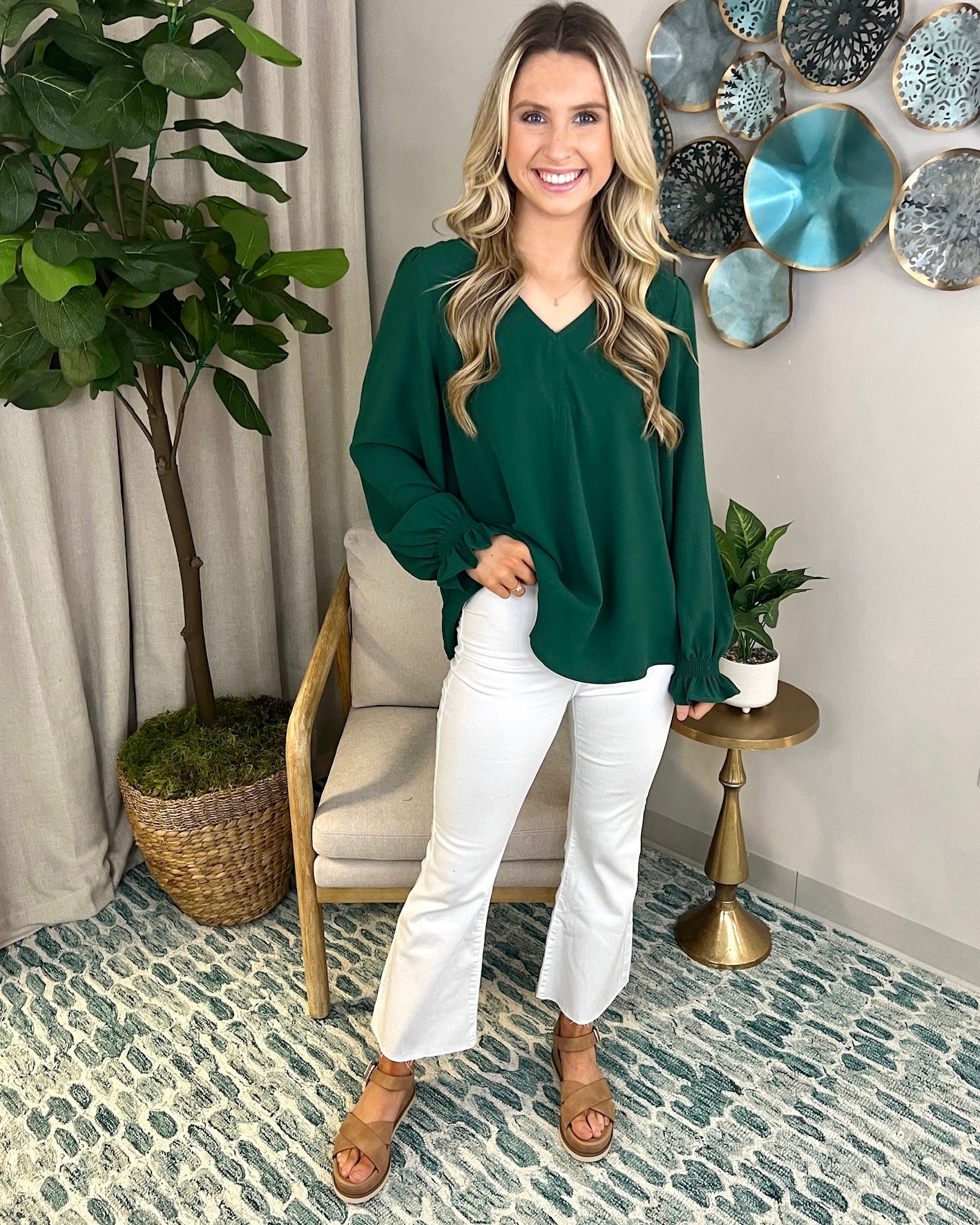 Autumn Charm Hunter Green V-neck Top-Shop-Womens-Boutique-Clothing