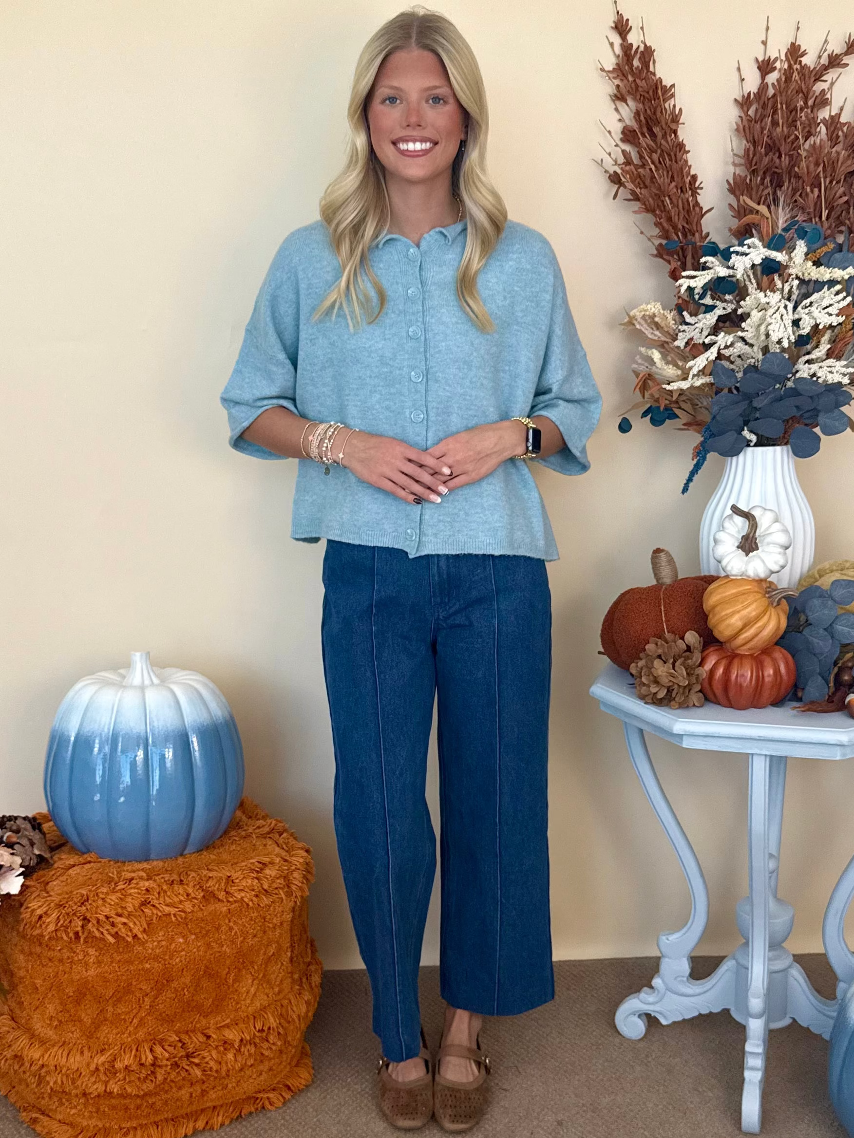 Moonlit Dance Dusty Blue Button Up Cardigan Sweater