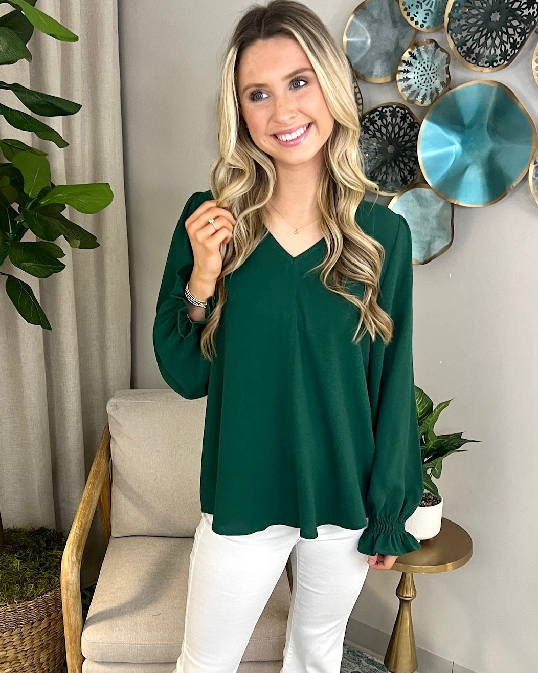 Autumn Charm Hunter Green V-neck Top-Shop-Womens-Boutique-Clothing