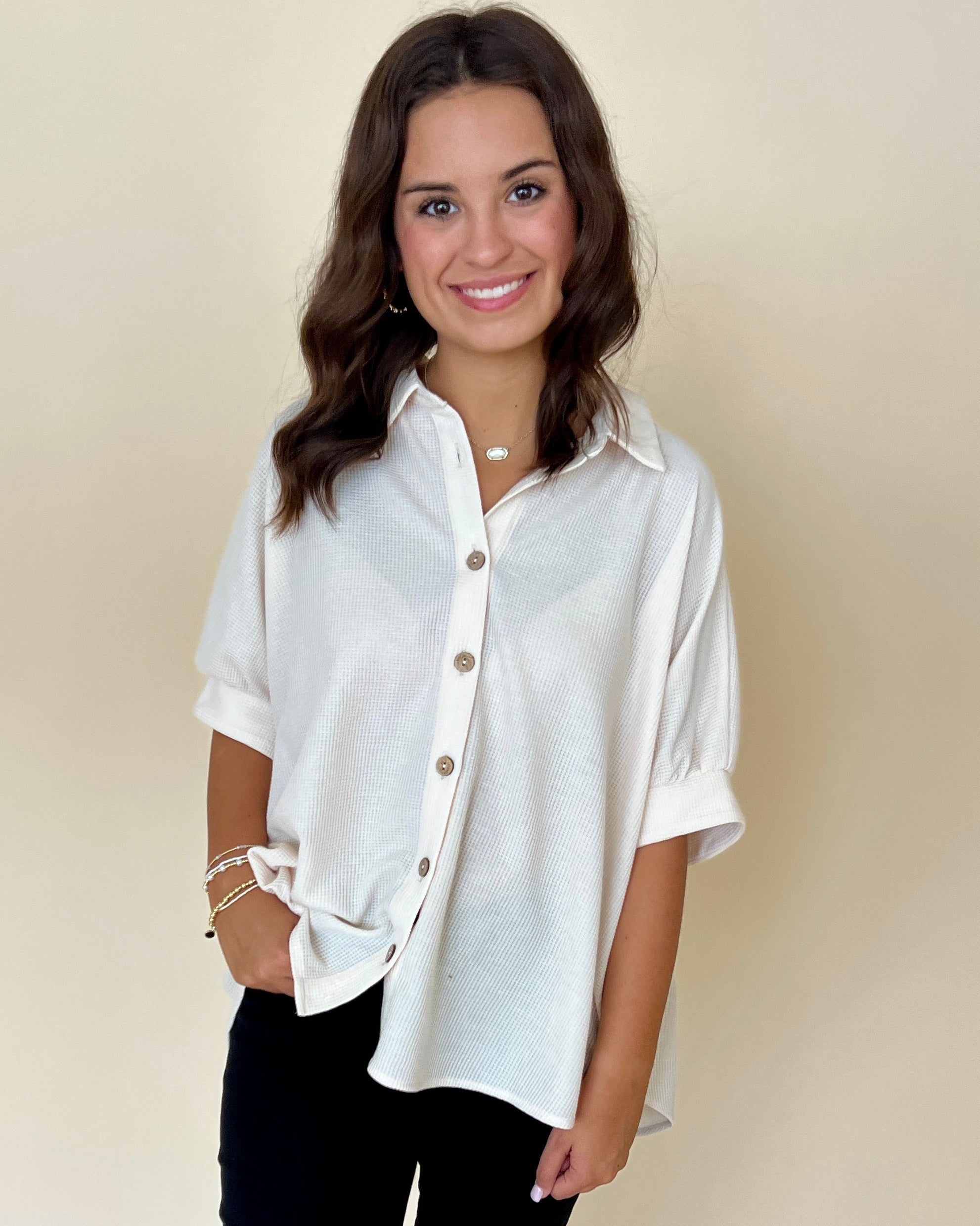 Let Loose Sand Waffle Button Down Top-Shop-Womens-Boutique-Clothing