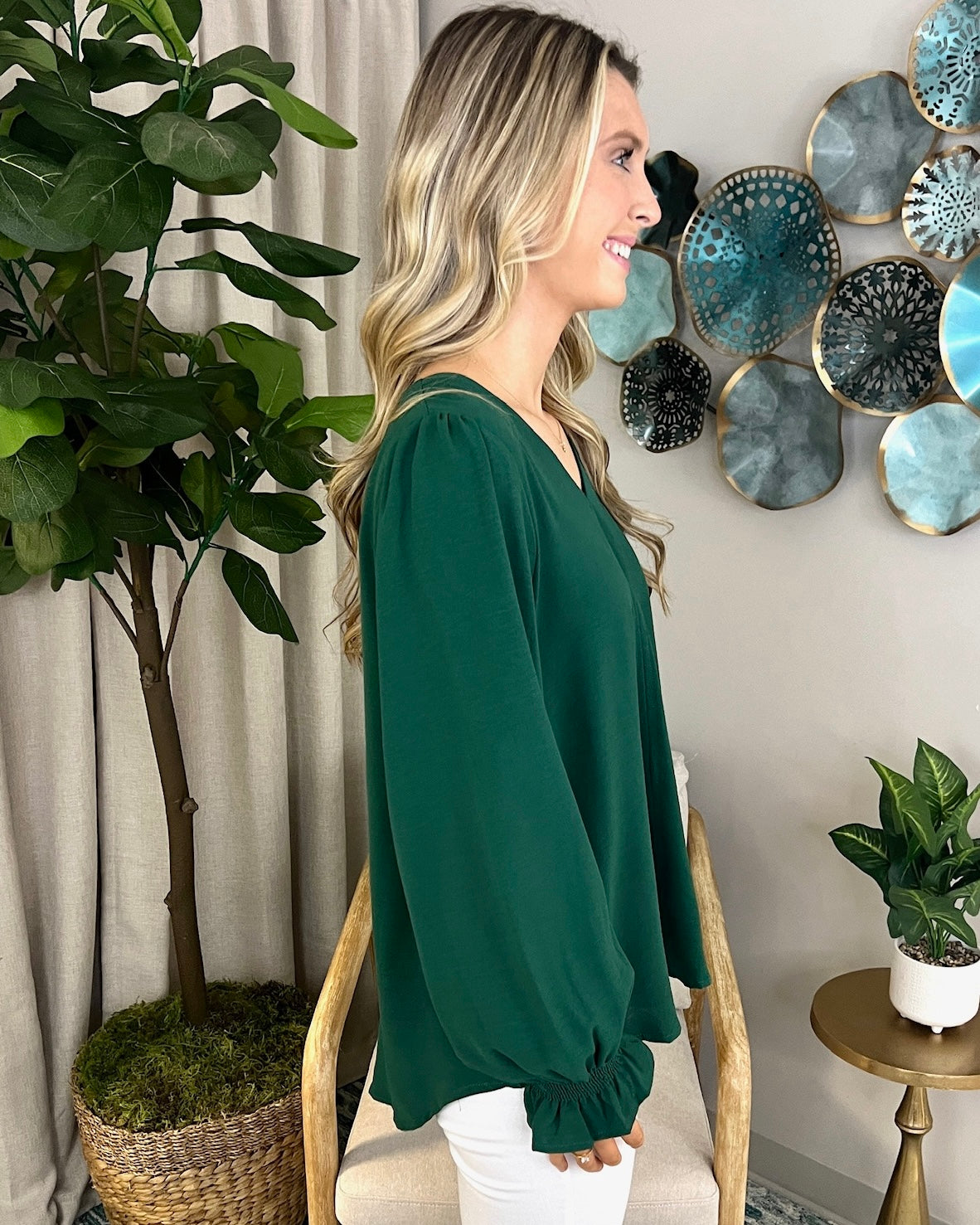 Autumn Charm Hunter Green V-neck Top-Shop-Womens-Boutique-Clothing