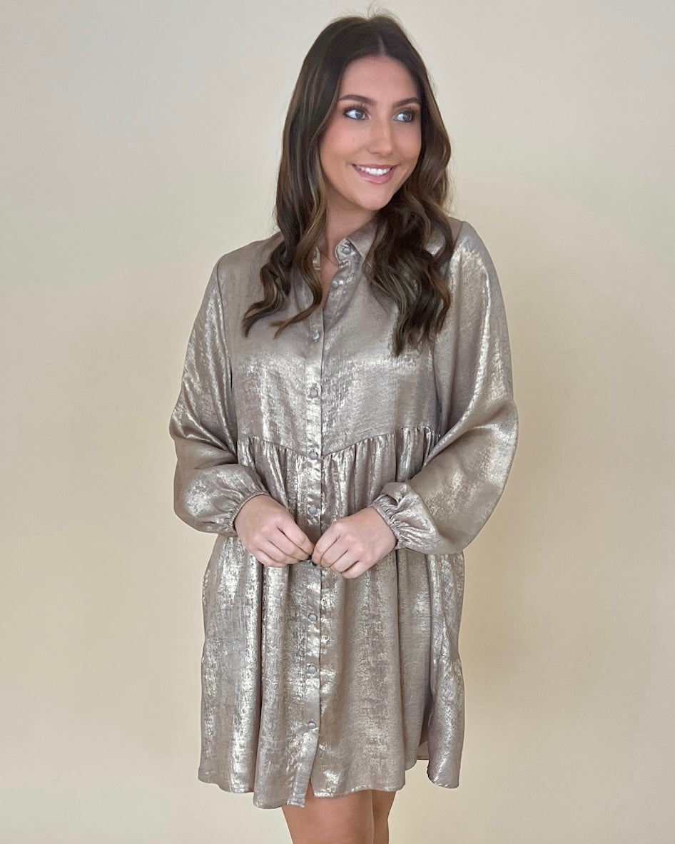 Wonderful Time Taupe Metallic Dress-Shop-Womens-Boutique-Clothing