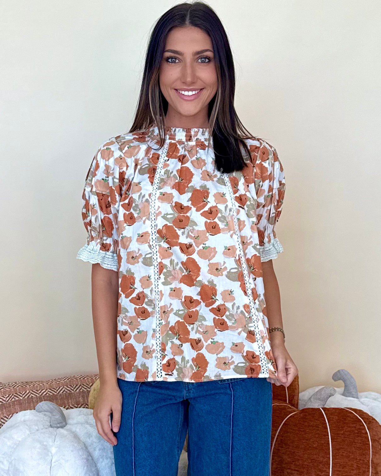 Fond Memory Rust Floral Ruffle Top-Shop-Womens-Boutique-Clothing