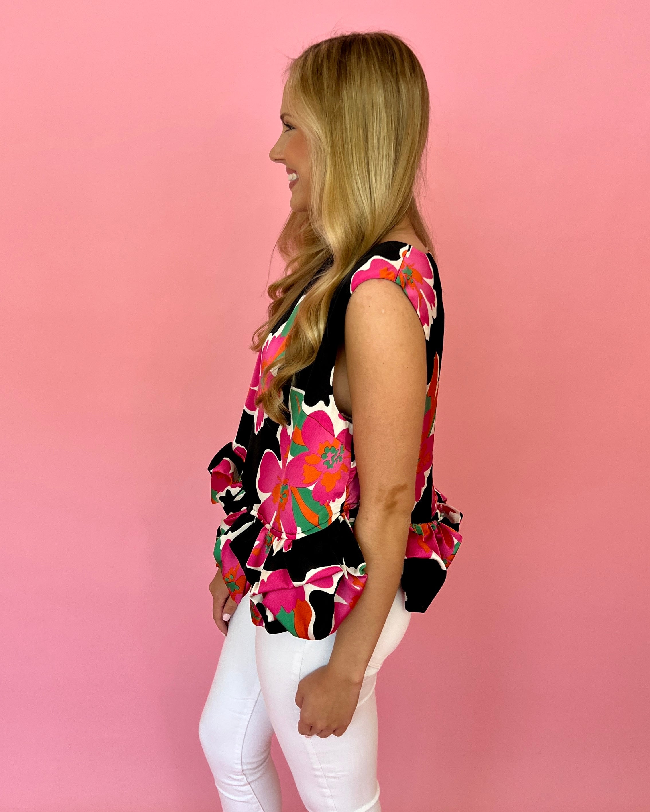 Meet You Black Floral Ruffle Hem Sleeveless Top-Shop-Womens-Boutique-Clothing