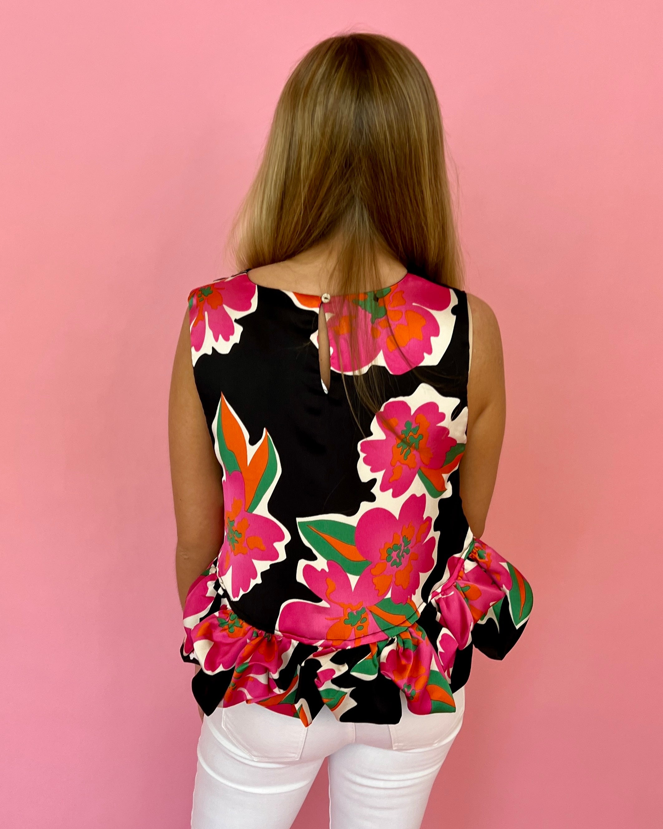 Meet You Black Floral Ruffle Hem Sleeveless Top-Shop-Womens-Boutique-Clothing