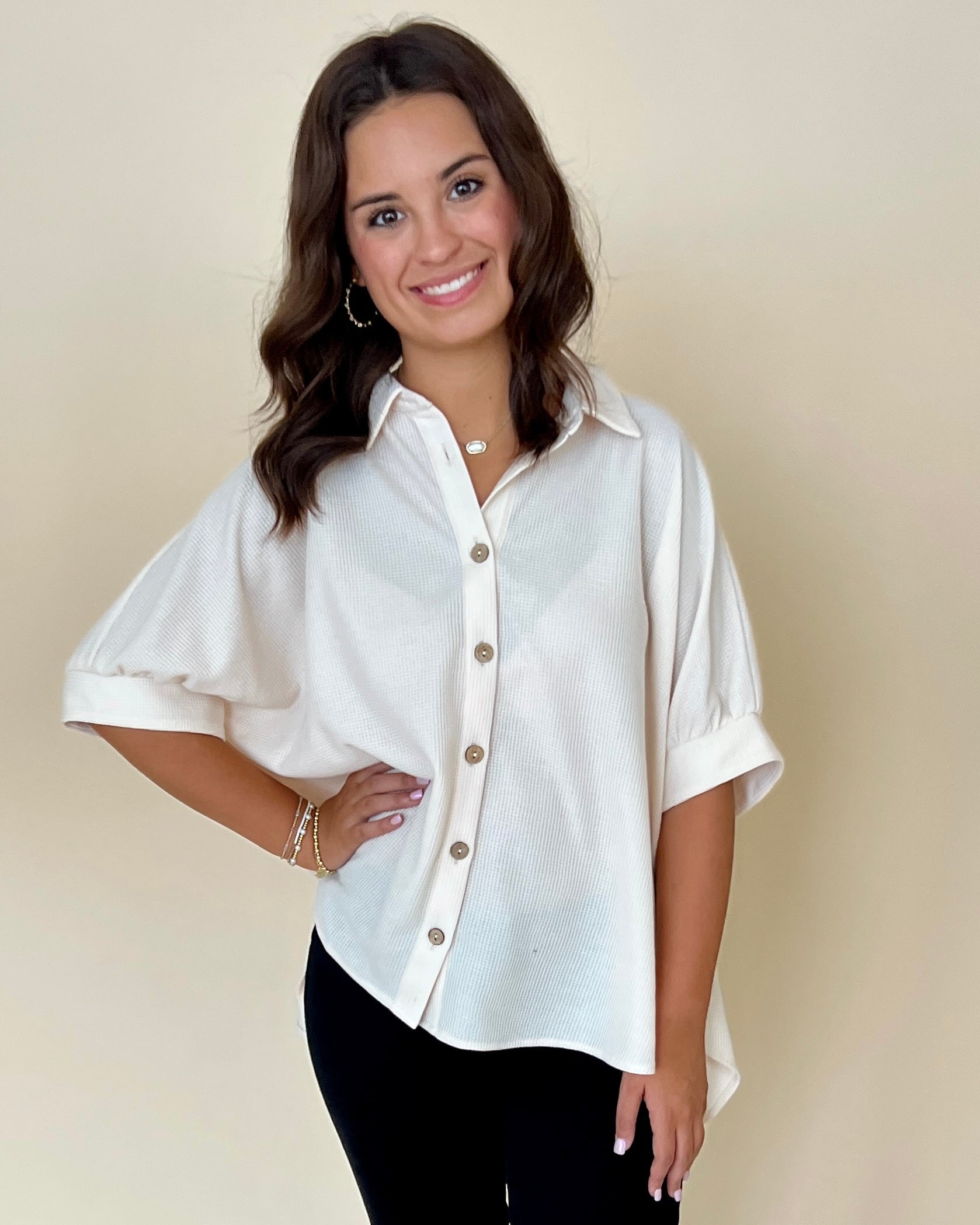 Let Loose Sand Waffle Button Down Top-Shop-Womens-Boutique-Clothing