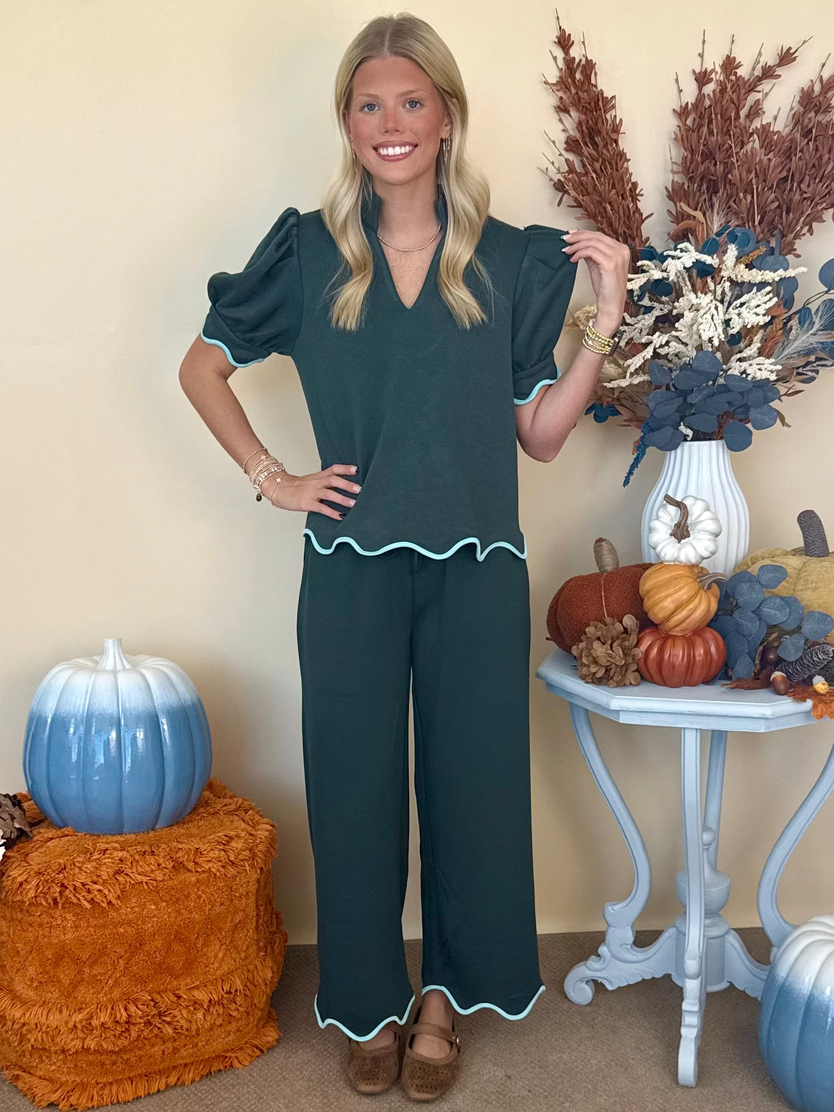 Romantic Notion Forest Scallop Trim Drawstring Pants