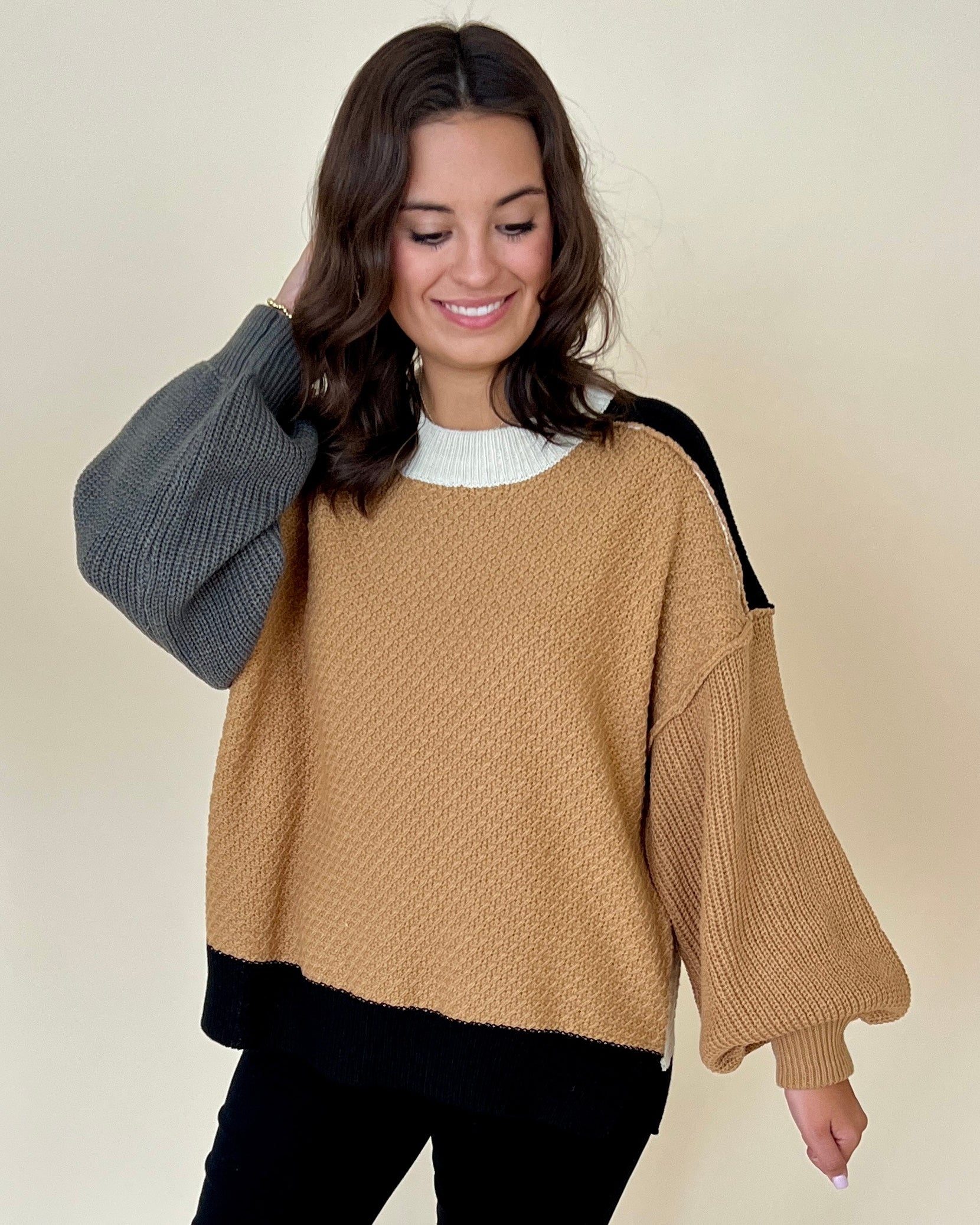 Autumn Air Caramel Color Block Sweater-Shop-Womens-Boutique-Clothing