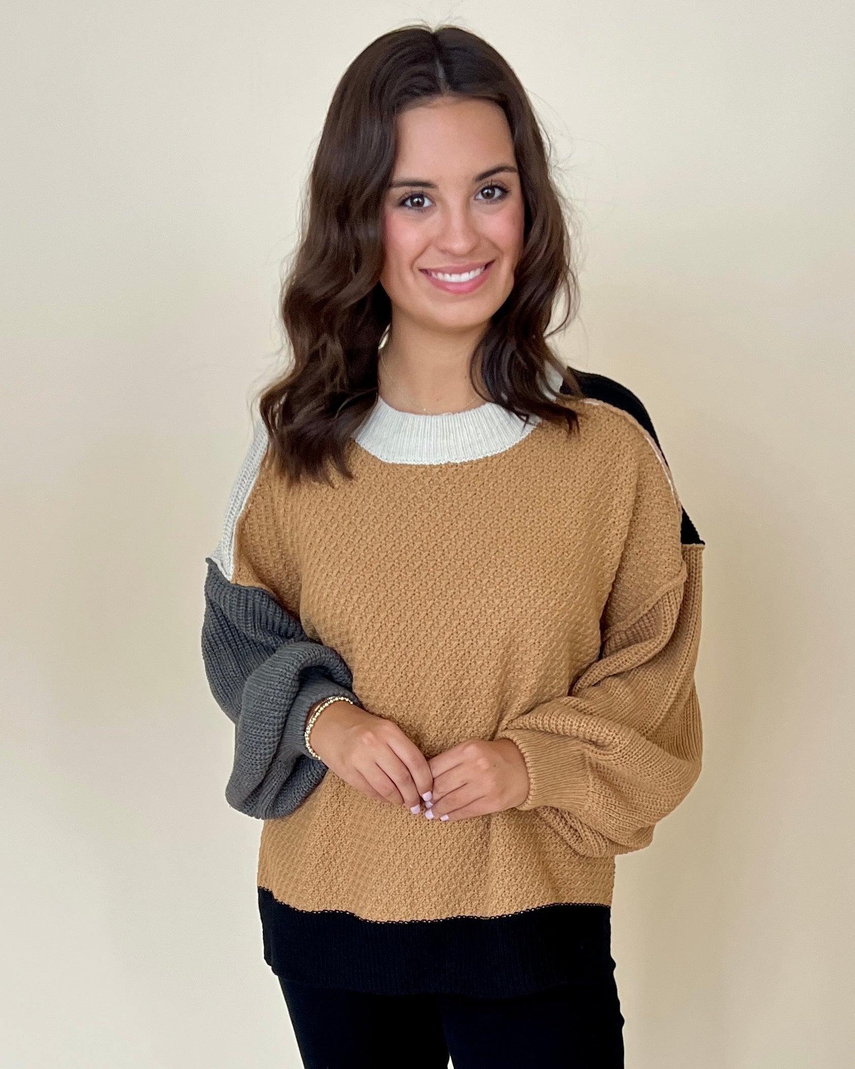 Autumn Air Caramel Color Block Sweater-Shop-Womens-Boutique-Clothing