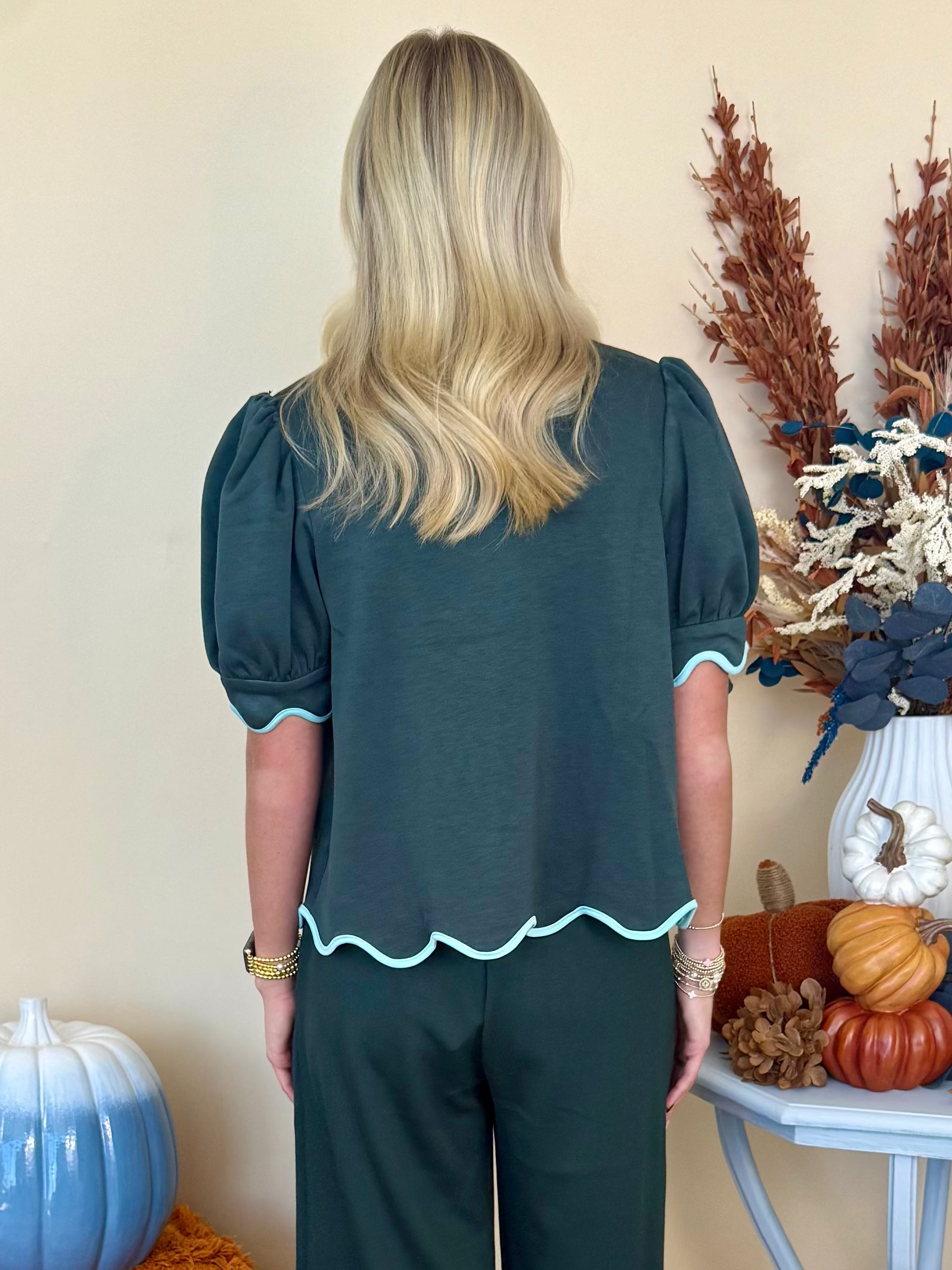 Posh Moment Forest Split Neck Scallop Trim Top