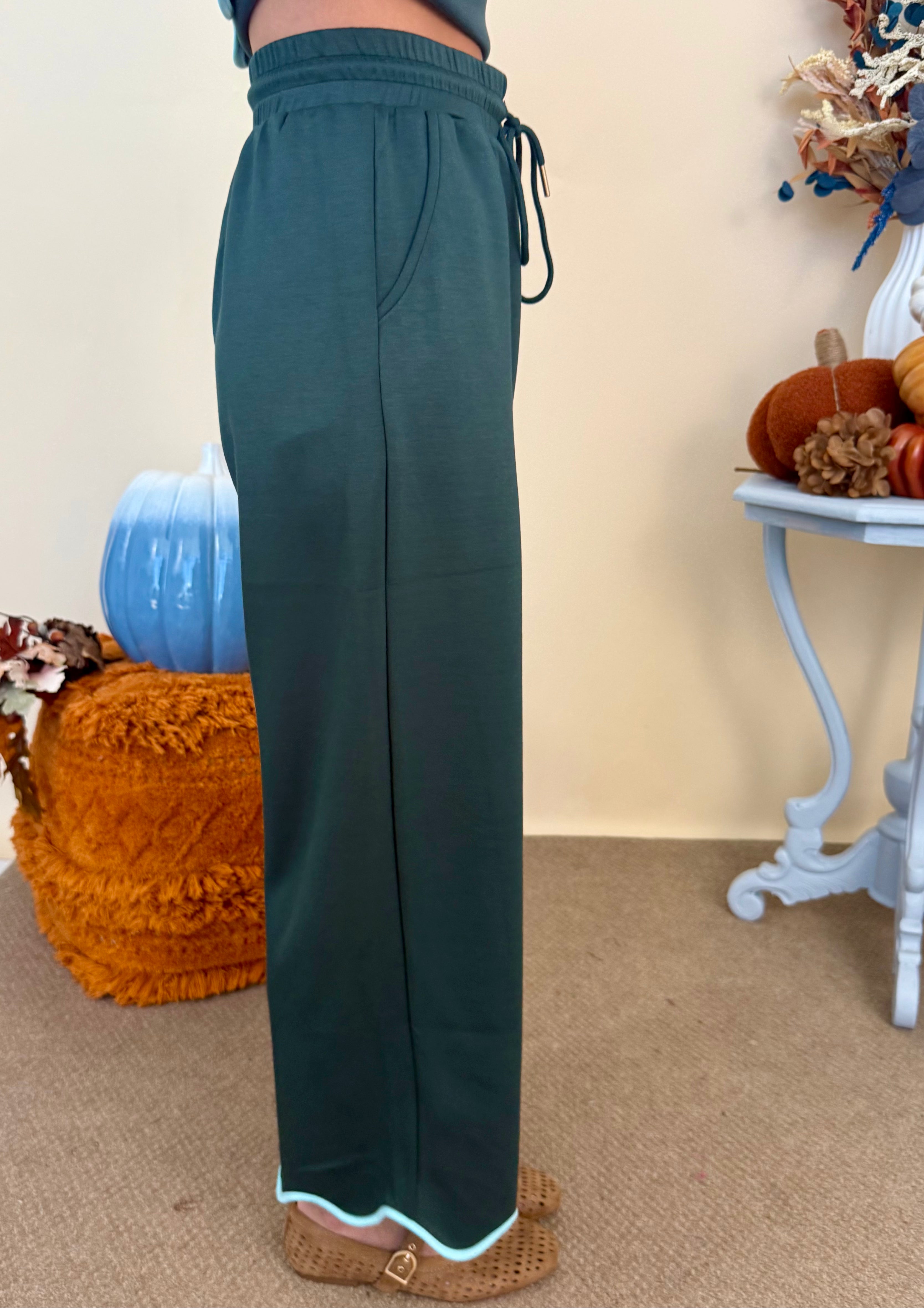 Romantic Notion Forest Scallop Trim Drawstring Pants
