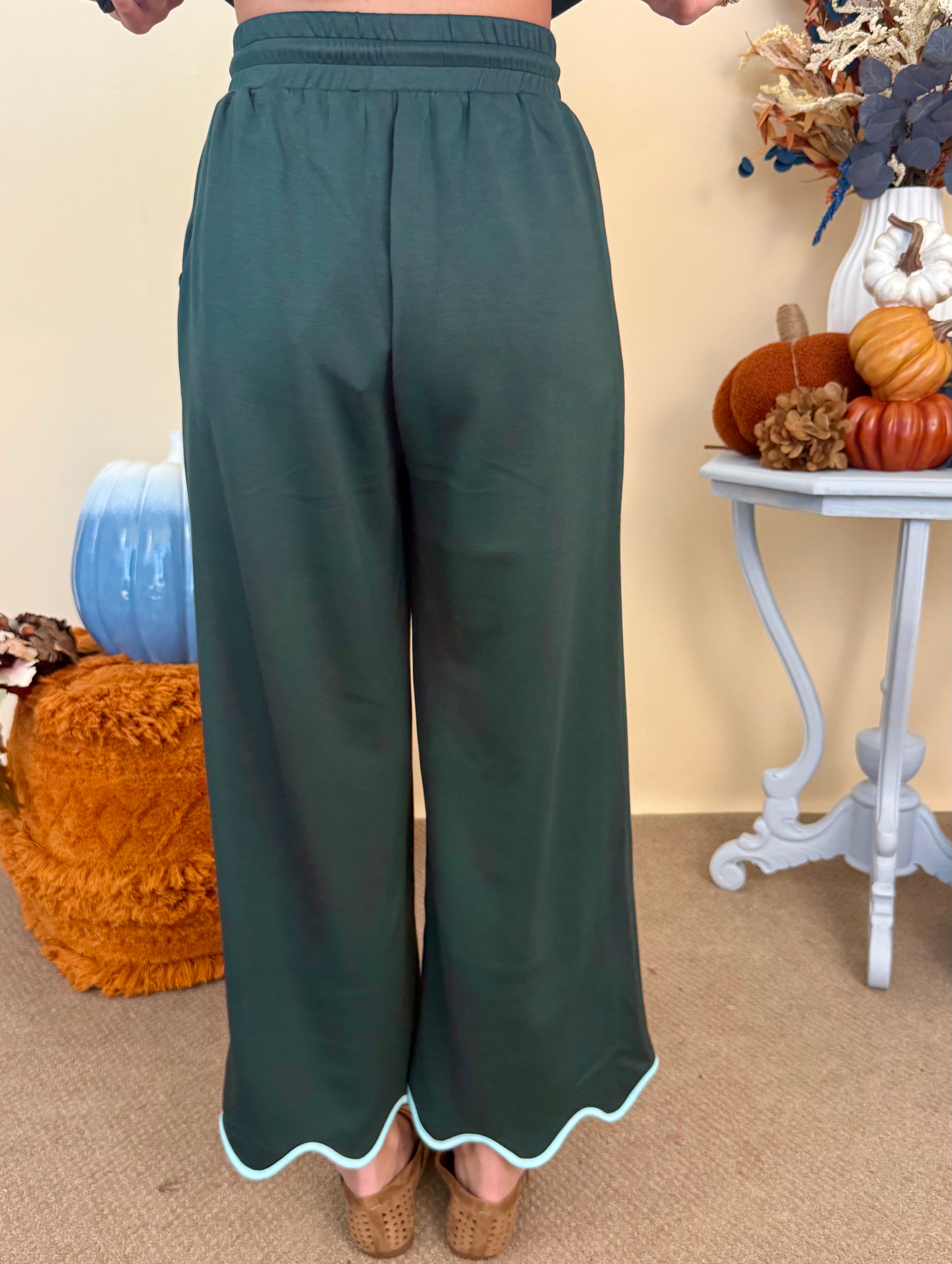 Romantic Notion Forest Scallop Trim Drawstring Pants