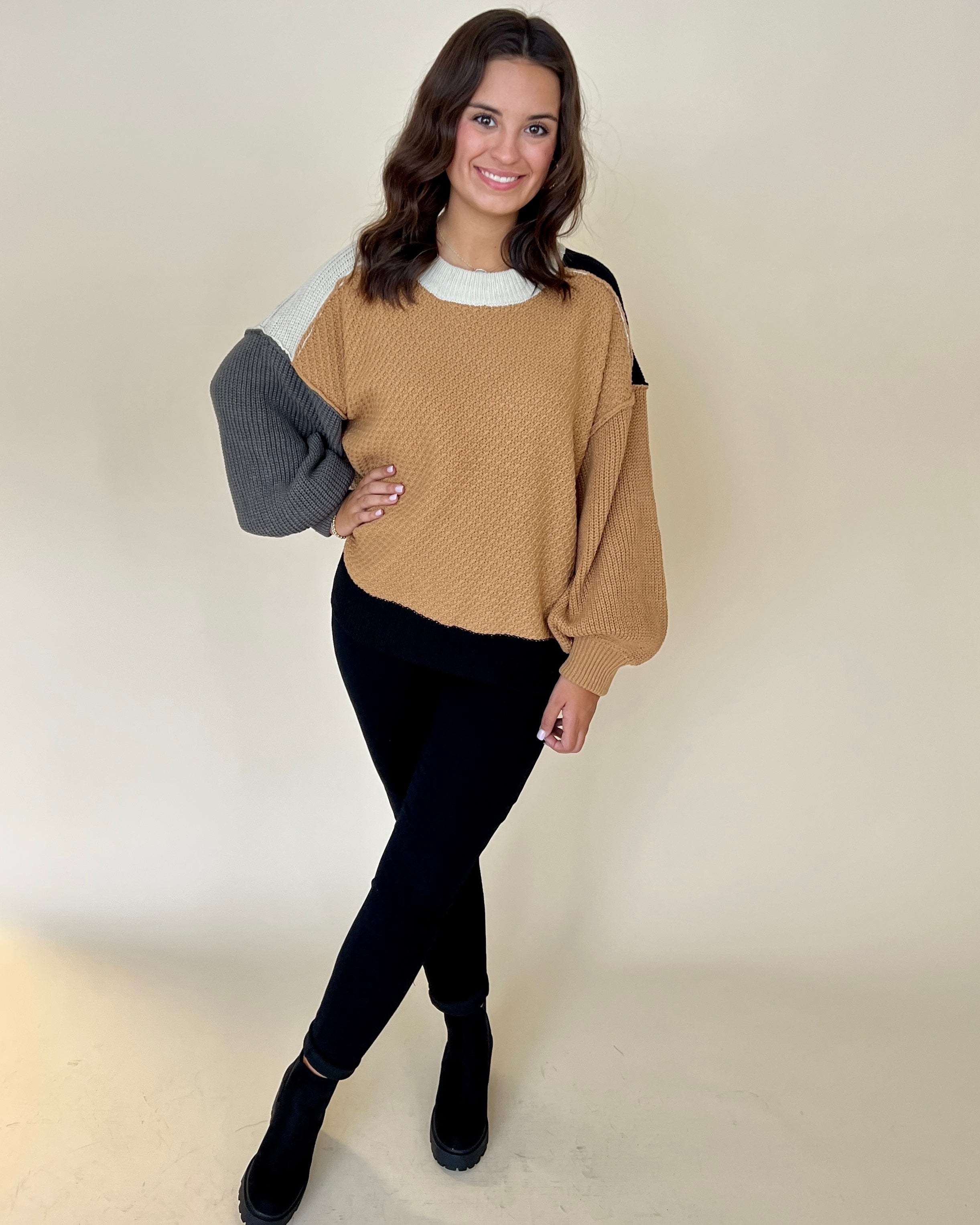 Autumn Air Caramel Color Block Sweater-Shop-Womens-Boutique-Clothing
