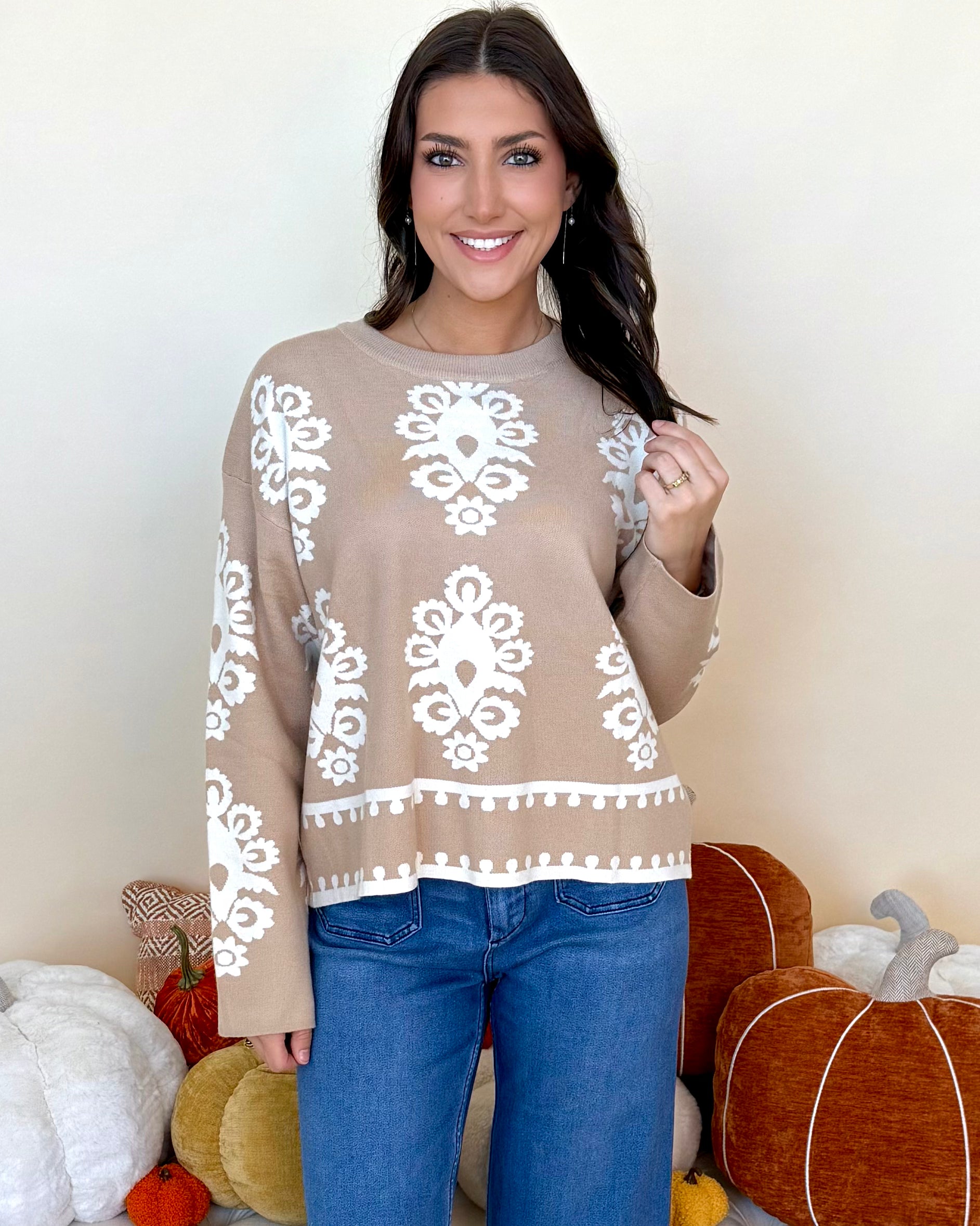 Easy Days Taupe Printed Sweater-Shop-Womens-Boutique-Clothing
