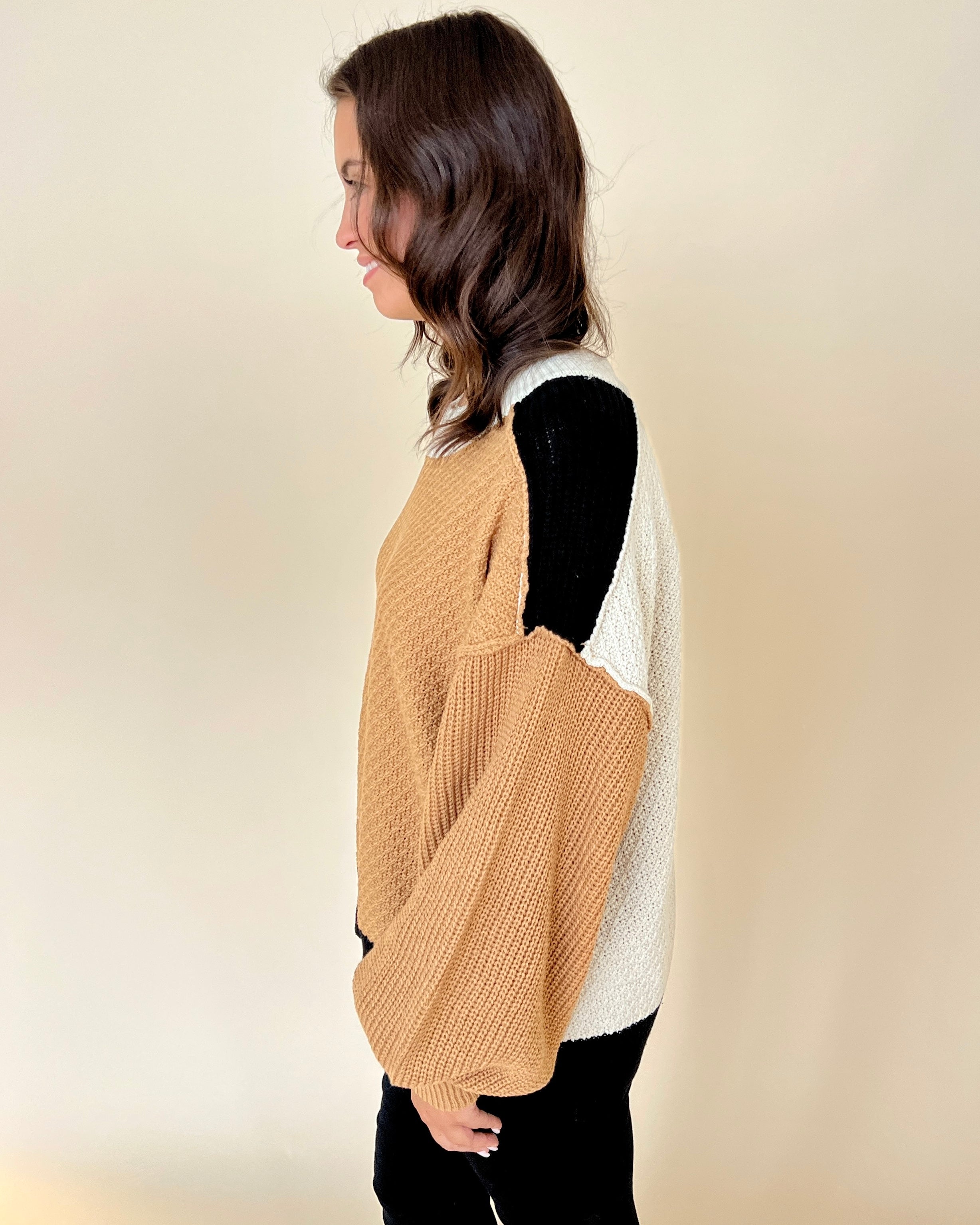 Autumn Air Caramel Color Block Sweater-Shop-Womens-Boutique-Clothing
