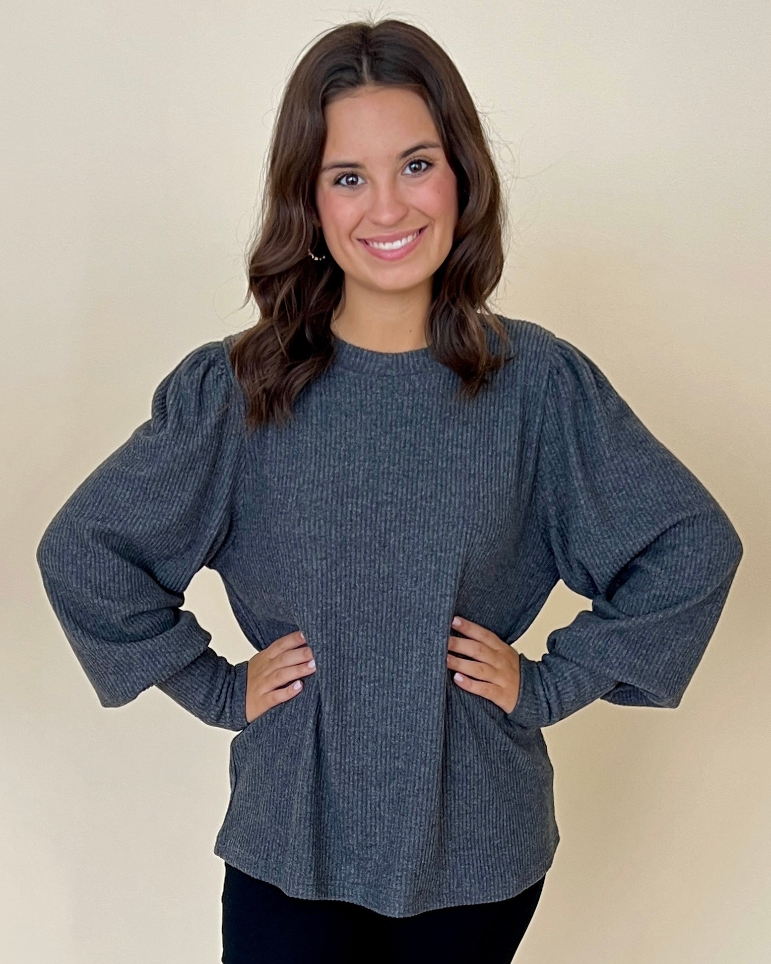 Perfect Together Charcoal Rib Puff Sleeve Top-Shop-Womens-Boutique-Clothing